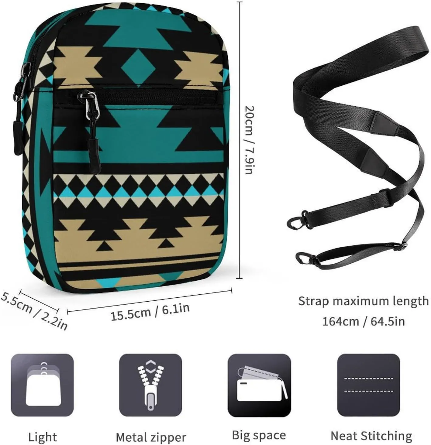 Aztec Geometric Ethnic Patterns Crossbody Bag Small Shoulder Bag Waterproof, Lightweight And Convenient
