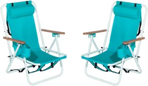 Backpack Beach Chair Set of 2,4 Position Portable Folding Camping Chair for Adults,Sturdy & Lightweight Reclining Chair with Headrest,Armrests,Cup Holder for Outdoor Sand (Green)