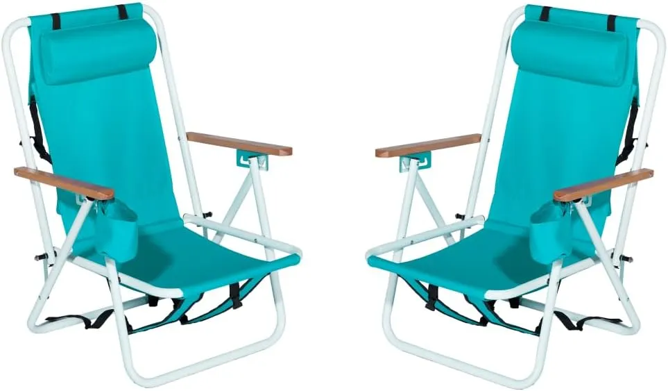 Backpack Beach Chair Set of 2,4 Position Portable Folding Camping Chair for Adults,Sturdy & Lightweight Reclining Chair with Headrest,Armrests,Cup Holder for Outdoor Sand (Green)