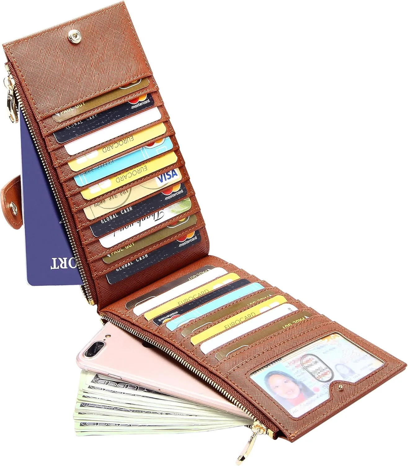 Badiya Womens Wallet RFID Blocking Bifold Multi Card Holder Wallets Large Capacity Cellphone Purse with Zipper Pocket Gift
