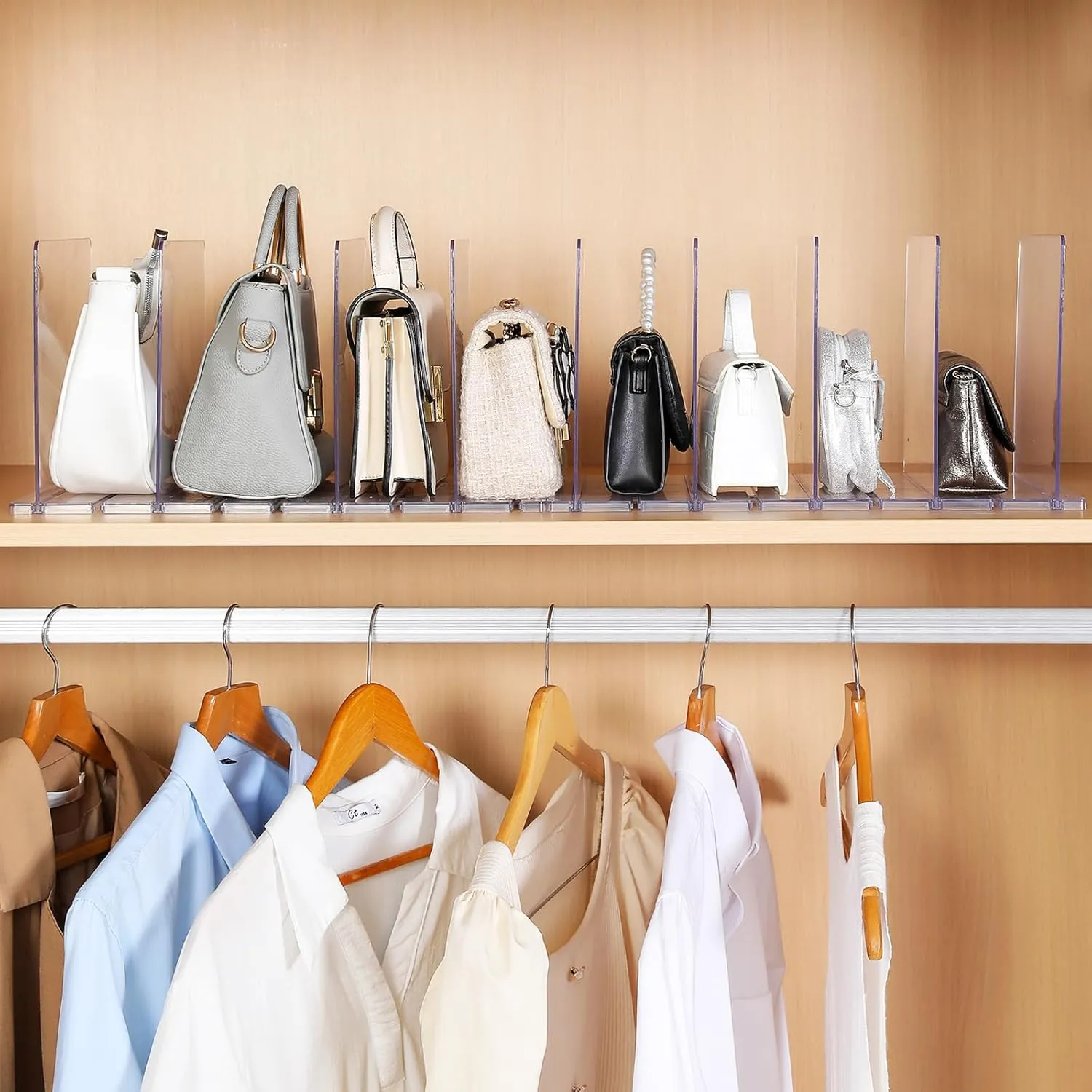 Bag & Purse Organizer for Closet, 2 Pack Adjustable Shelf Divider for Closet - Clear Handbag Shelf Dividers Acrylic Handbag Separators Storage Organizer for Closets Bookshelf (10 Layers)