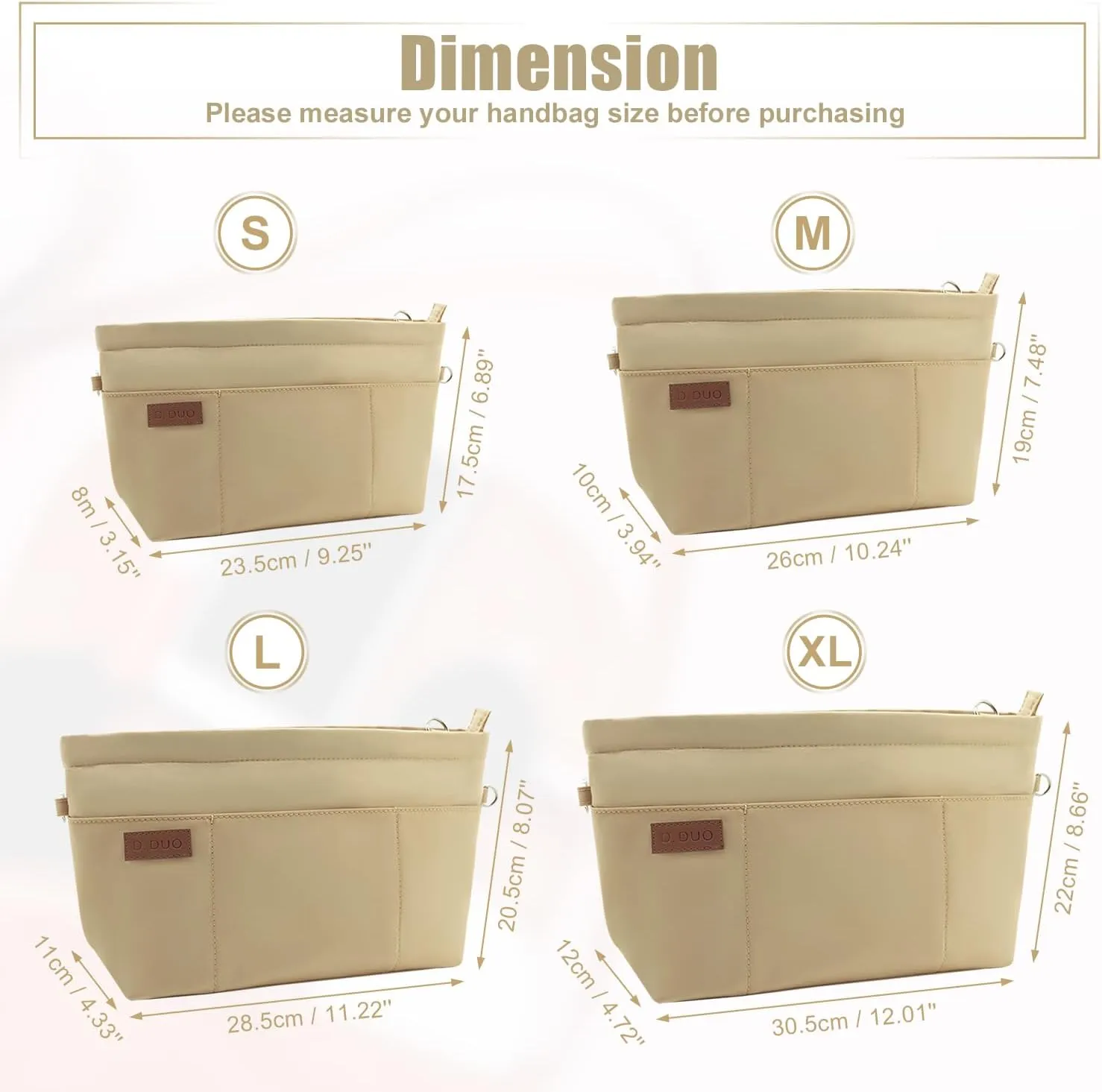 Bag Organizer Insert, Crossbody Bag, Tote Organizer Insert with Adjustable Bag Strap, Waterproof Nylon Purse Inserts (Beige, XL)