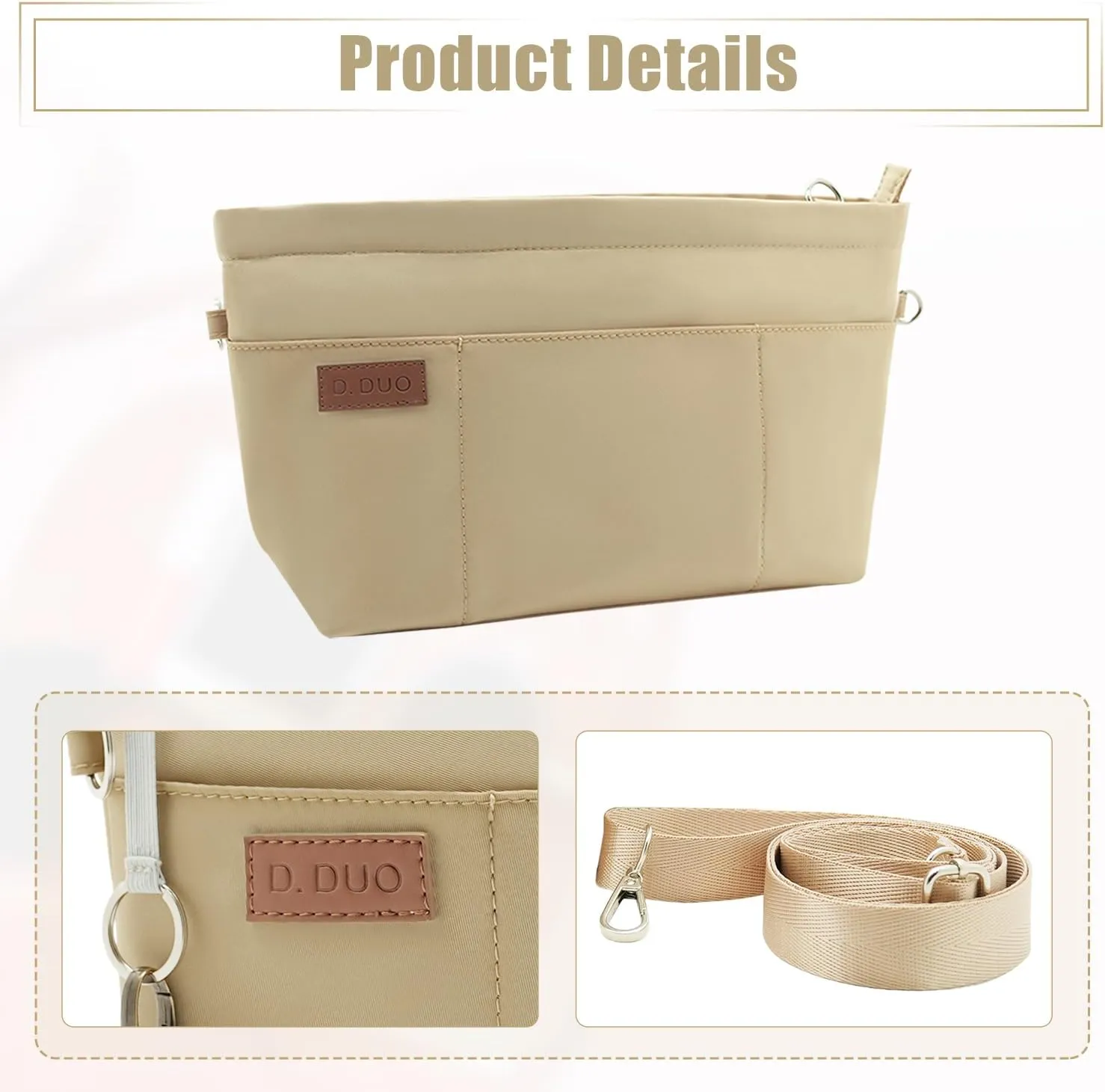 Bag Organizer Insert, Crossbody Bag, Tote Organizer Insert with Adjustable Bag Strap, Waterproof Nylon Purse Inserts (Beige, XL)