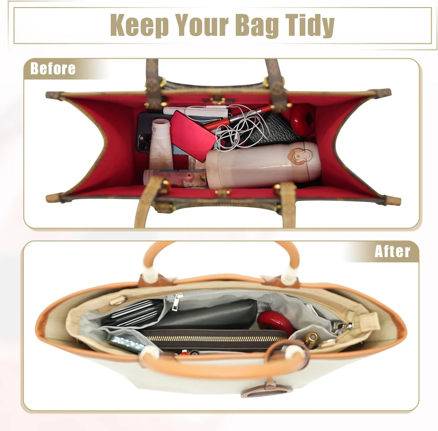 Bag Organizer Insert, Crossbody Bag, Tote Organizer Insert with Adjustable Bag Strap, Waterproof Nylon Purse Inserts (Beige, XL)