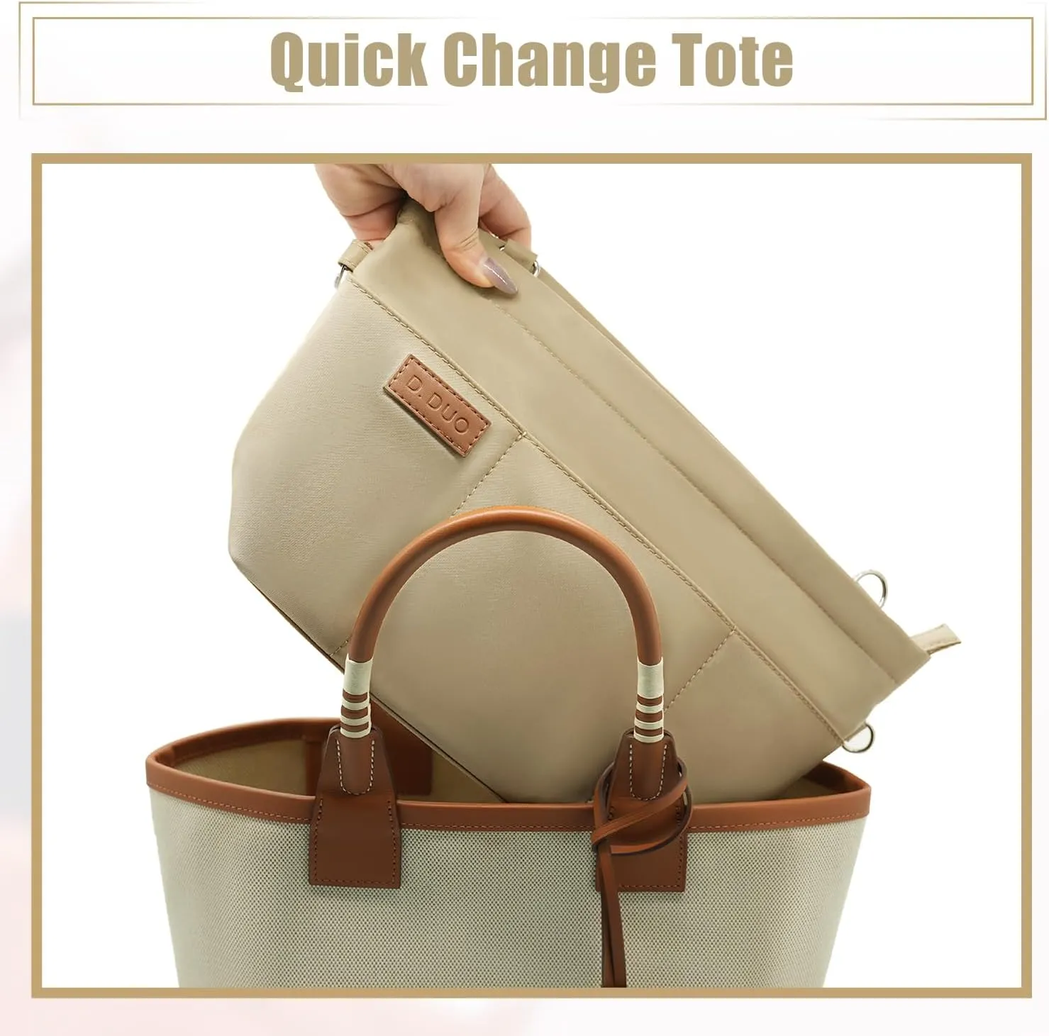 Bag Organizer Insert, Crossbody Bag, Tote Organizer Insert with Adjustable Bag Strap, Waterproof Nylon Purse Inserts (Beige, XL)