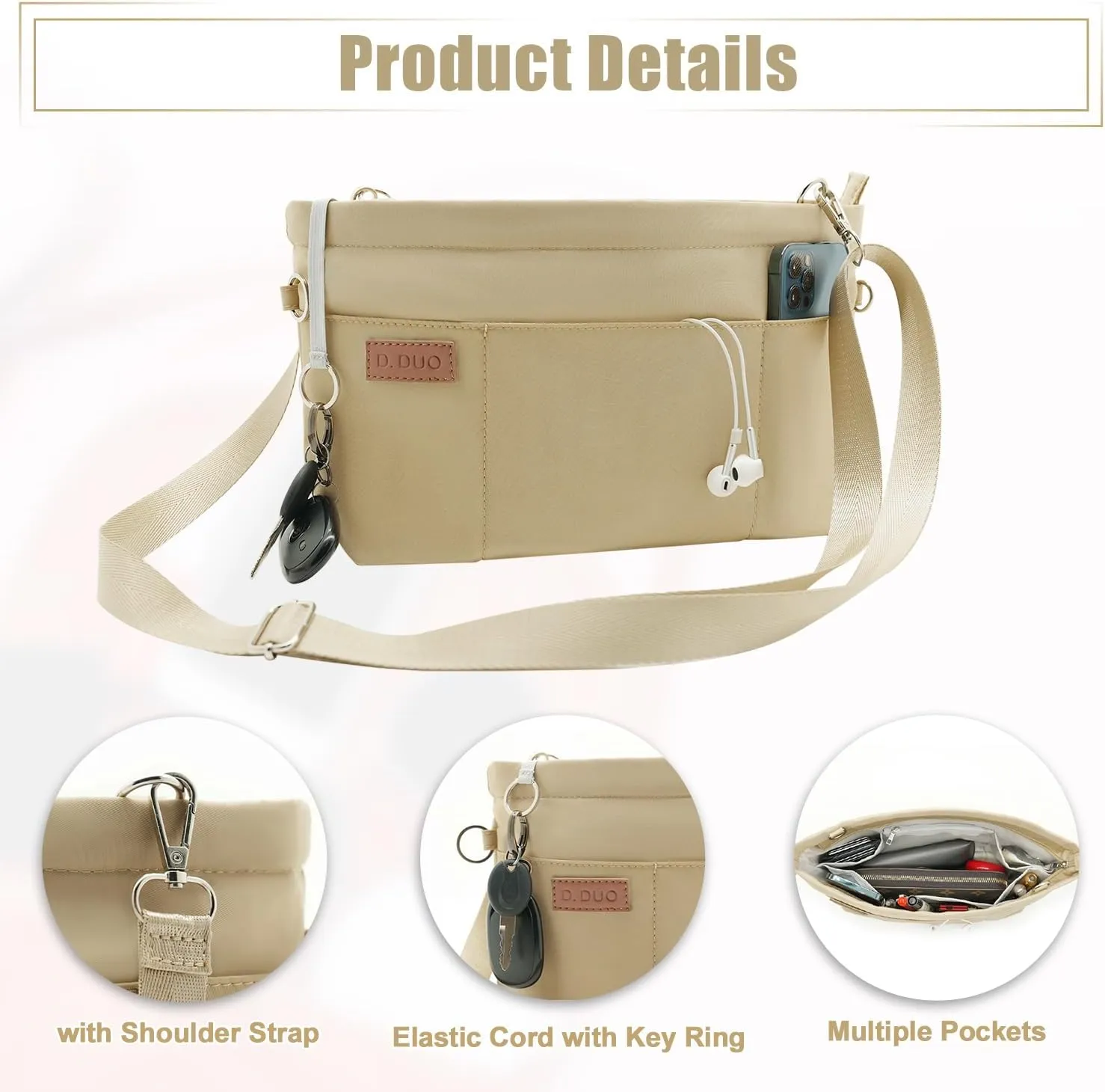 Bag Organizer Insert, Crossbody Bag, Tote Organizer Insert with Adjustable Bag Strap, Waterproof Nylon Purse Inserts (Beige, XL)