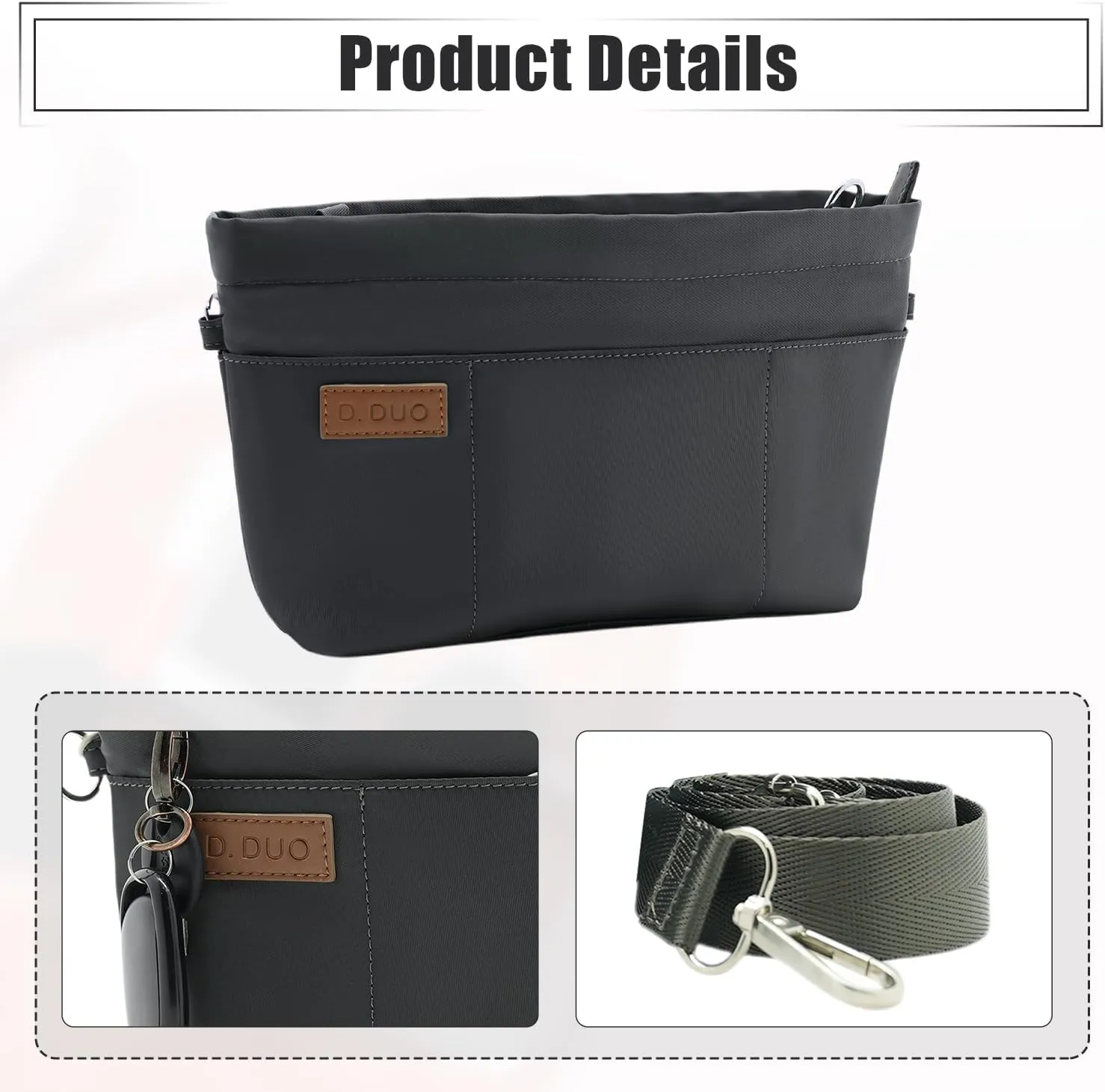 Bag Organizer Insert, Crossbody Bag, Tote Organizer Insert with Adjustable Bag Strap, Waterproof Nylon Purse Inserts (Dark Gray, XL)