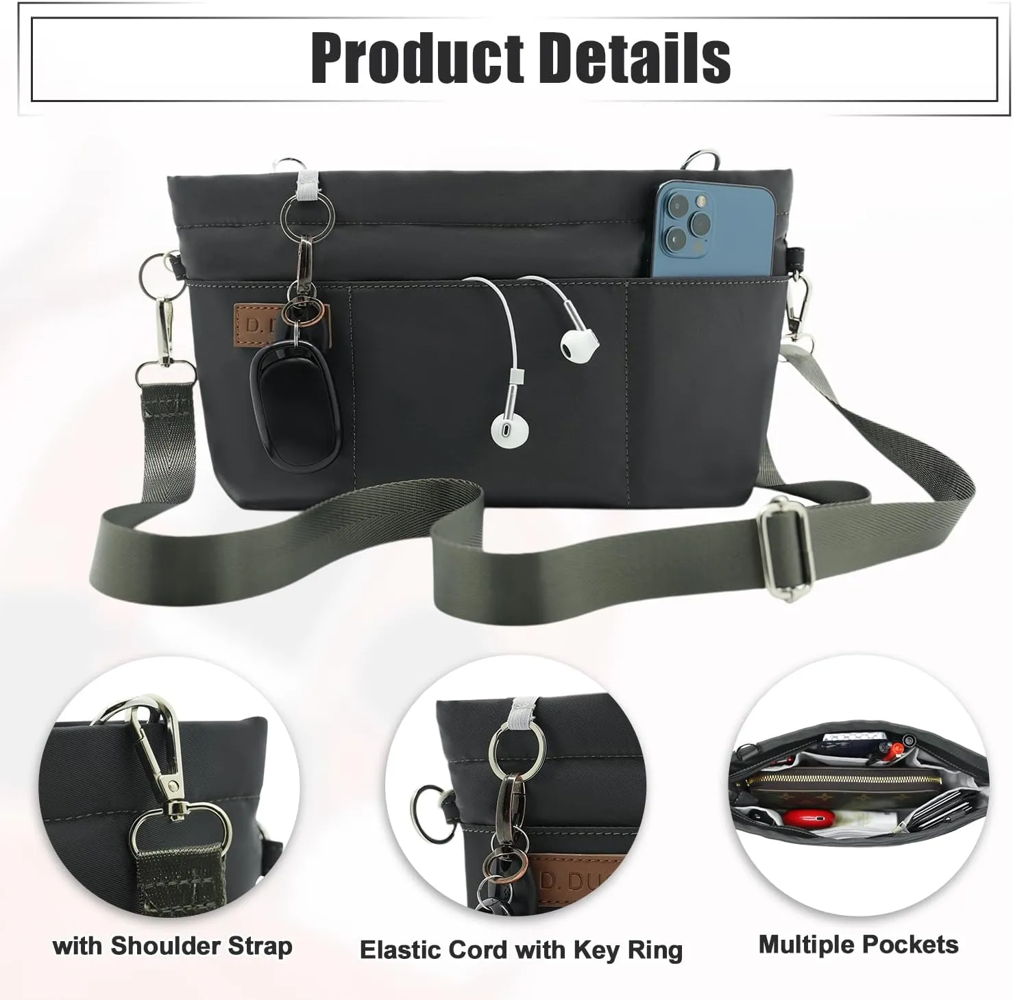 Bag Organizer Insert, Crossbody Bag, Tote Organizer Insert with Adjustable Bag Strap, Waterproof Nylon Purse Inserts (Dark Gray, XL)