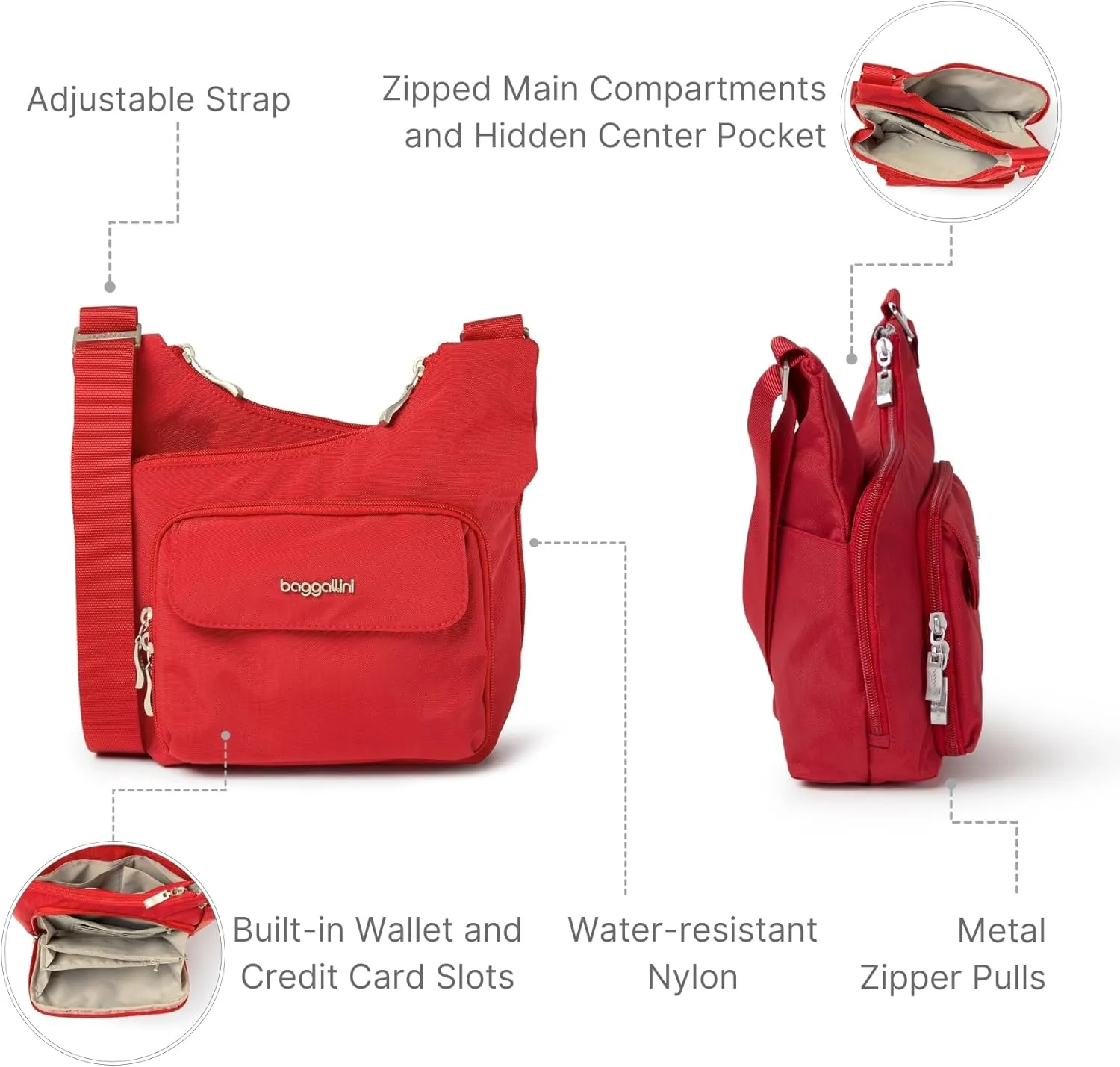 Baggallini Criss Cross 10x11 Crossbody Women Lightweight Water-Resistant Nylon Travel Bag W/RFID & Quick Access Pockets