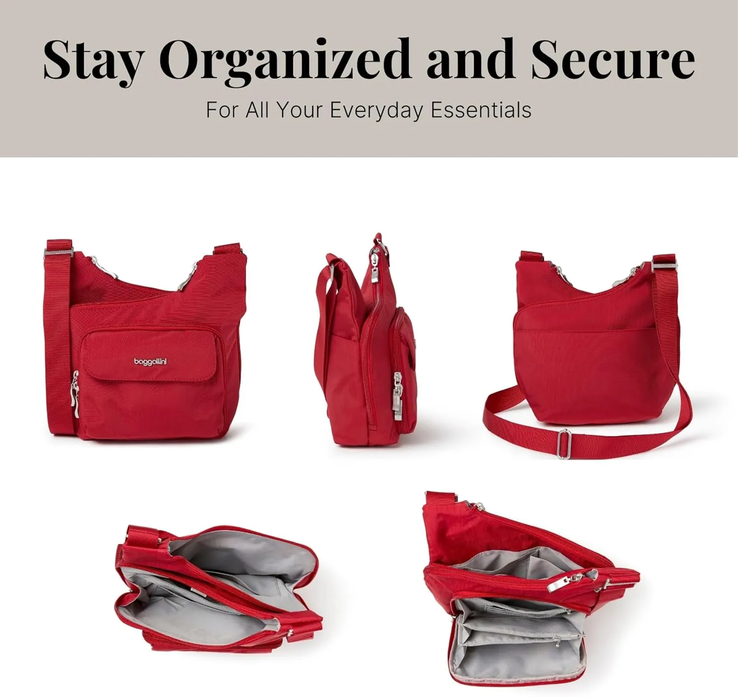 Baggallini Criss Cross 10x11 Crossbody Women Lightweight Water-Resistant Nylon Travel Bag W/RFID & Quick Access Pockets