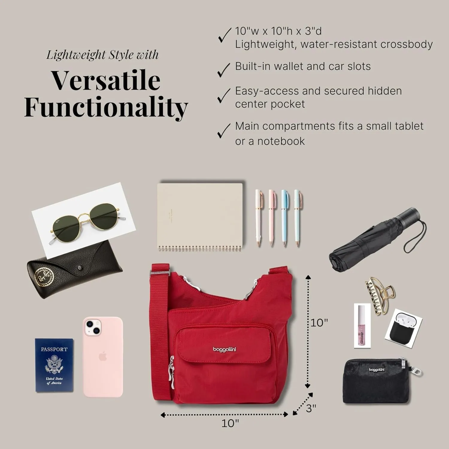 Baggallini Criss Cross 10x11 Crossbody Women Lightweight Water-Resistant Nylon Travel Bag W/RFID & Quick Access Pockets