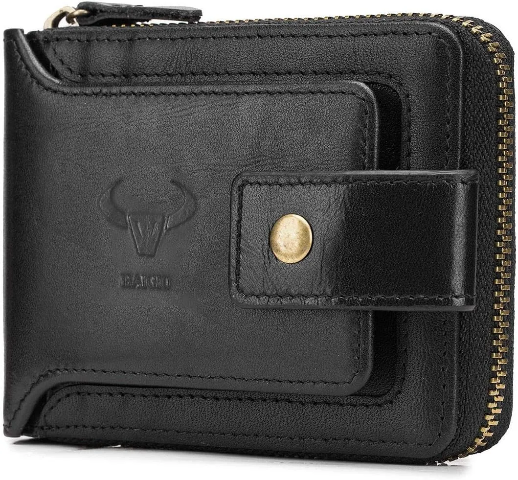 BAIGIO Genuine Leather Wallets for Men Multi Card Purse with Zipper Wallet Men RFID Blocking Coin Pocket (Black)