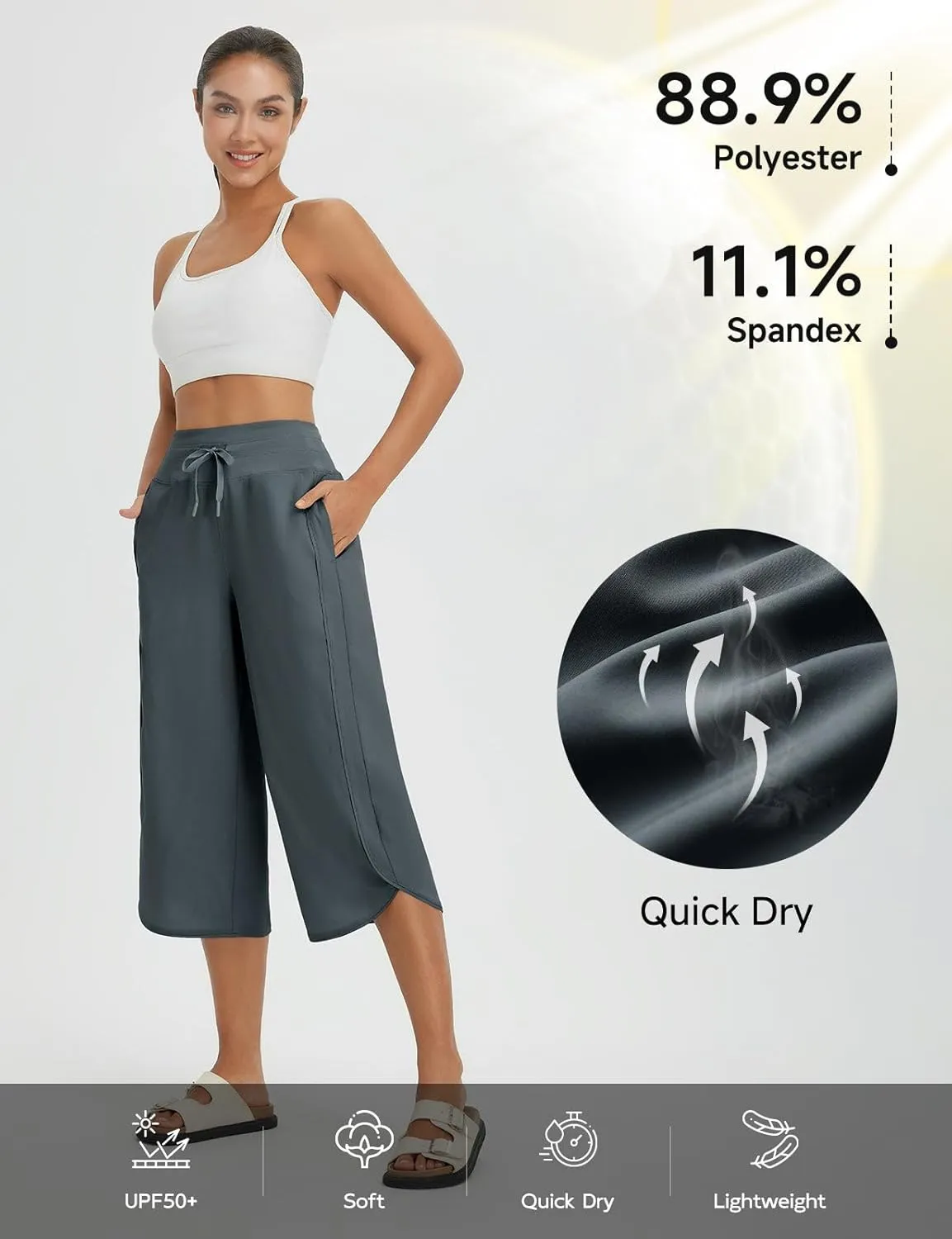 baleaf Women's Capri Pants Wide Leg Athletic Yoga Capris with Pockets Quick Dry Hiking Pants Loose Lounge Summer UPF 50 
