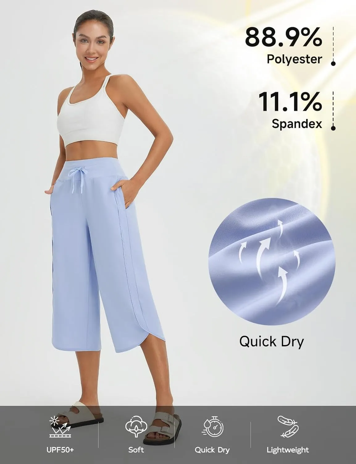 baleaf Women's Capri Pants Wide Leg Athletic Yoga Capris with Pockets Quick Dry Hiking Pants Loose Lounge Summer UPF 50 