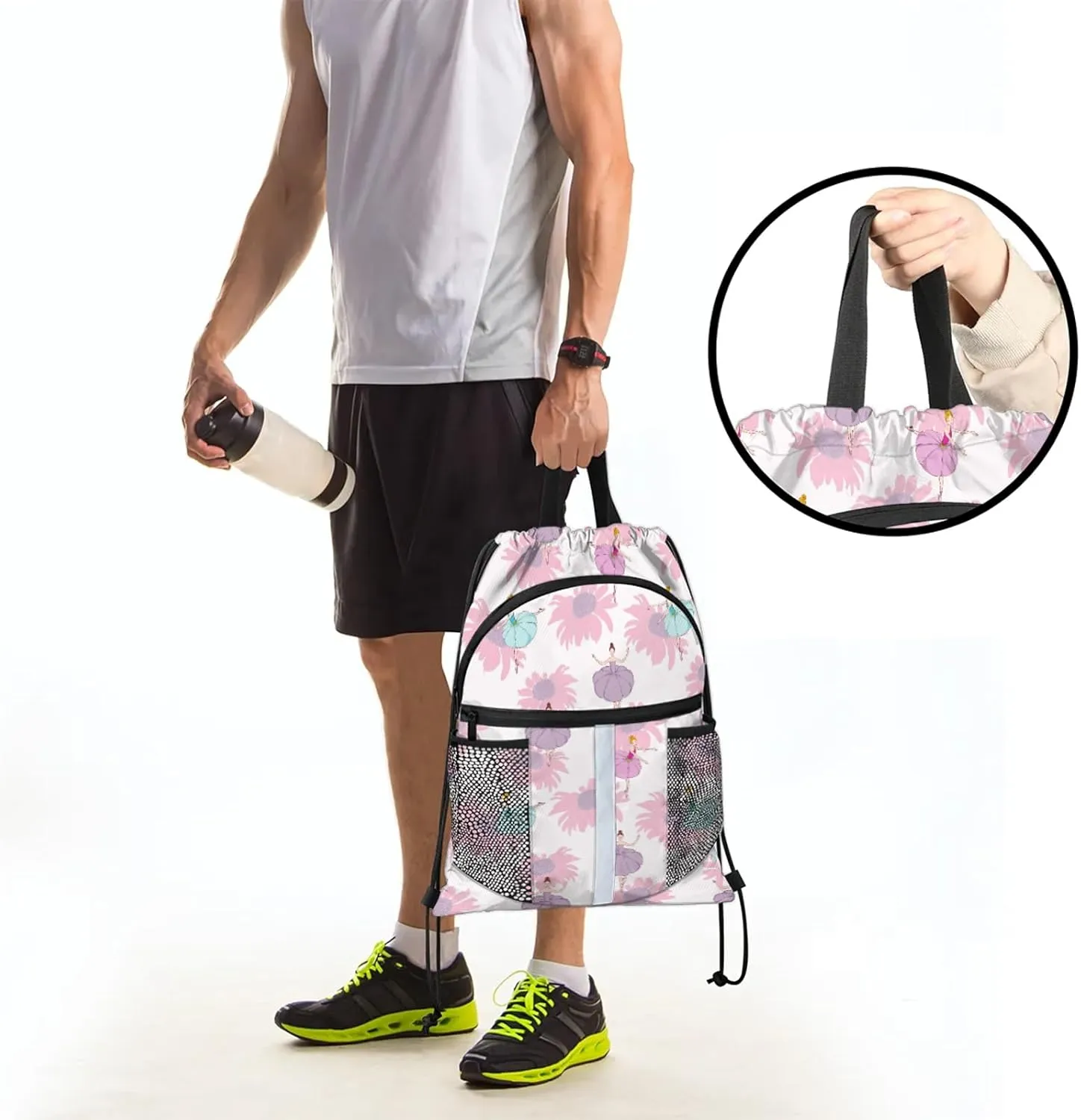 Ballet Dancer Drawstring Backpack Waterproof String Bag Sports Gym Sackpack with Side Pocket for Men and Women