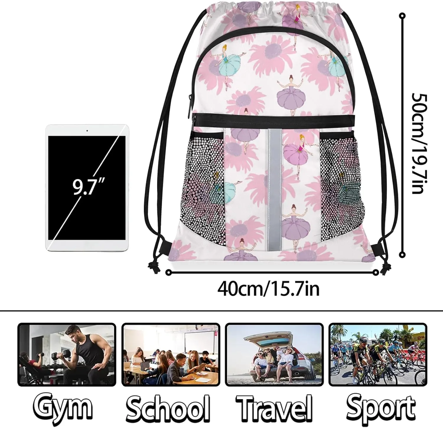 Ballet Dancer Drawstring Backpack Waterproof String Bag Sports Gym Sackpack with Side Pocket for Men and Women