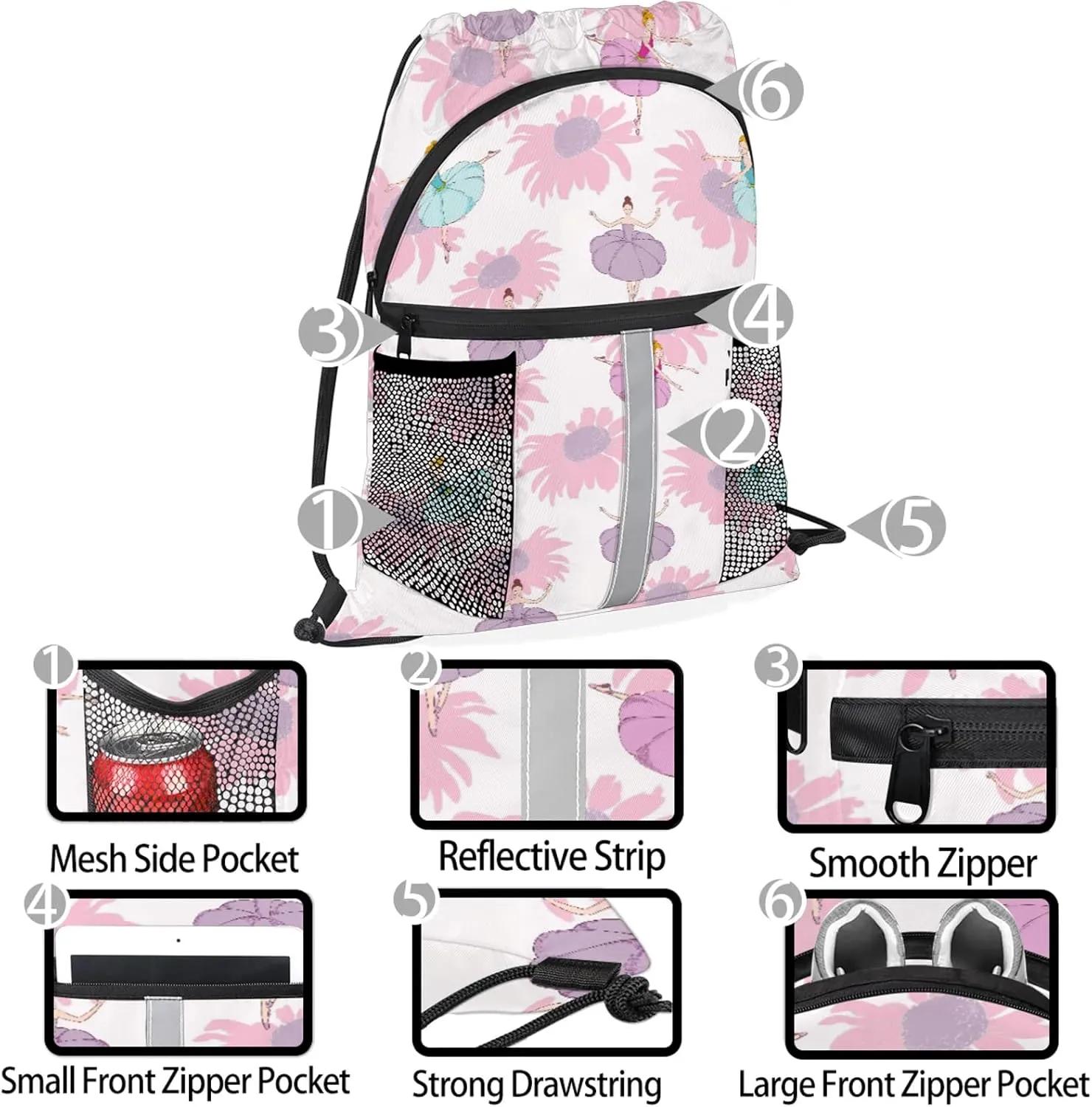 Ballet Dancer Drawstring Backpack Waterproof String Bag Sports Gym Sackpack with Side Pocket for Men and Women