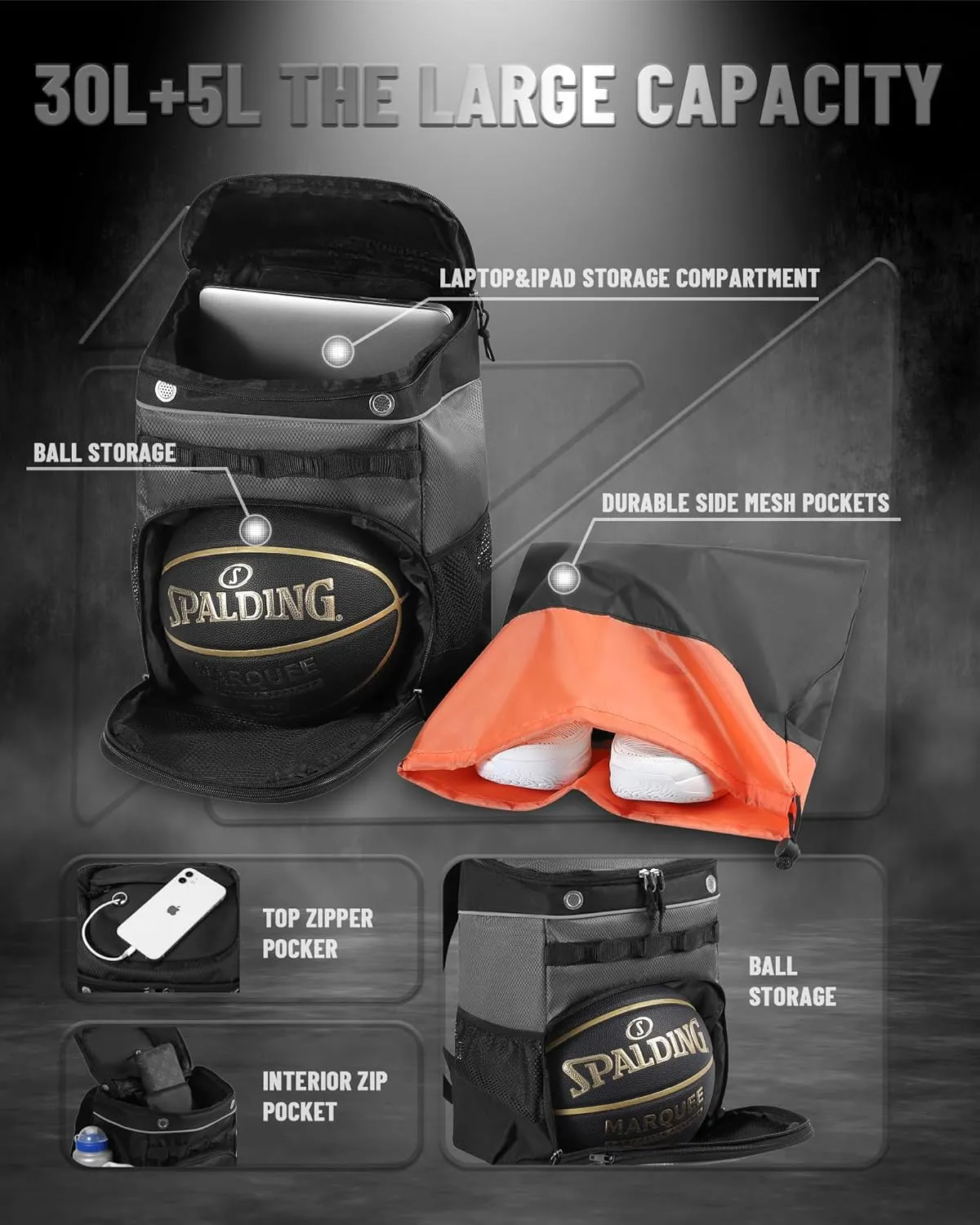 Basketball Backpack for Men Women Basketball Soccer Bag with Ball Compartment Shoes Bag Sports Gym Backpack