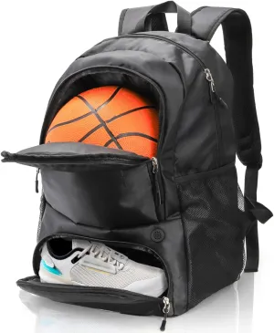 Basketball Backpack, Large Soccer Bag with Separate Ball Holder Shoe Compartment, Black Sport Bag for Basketball, Soccer, Football, Volleyball, Gym, Training, Travel