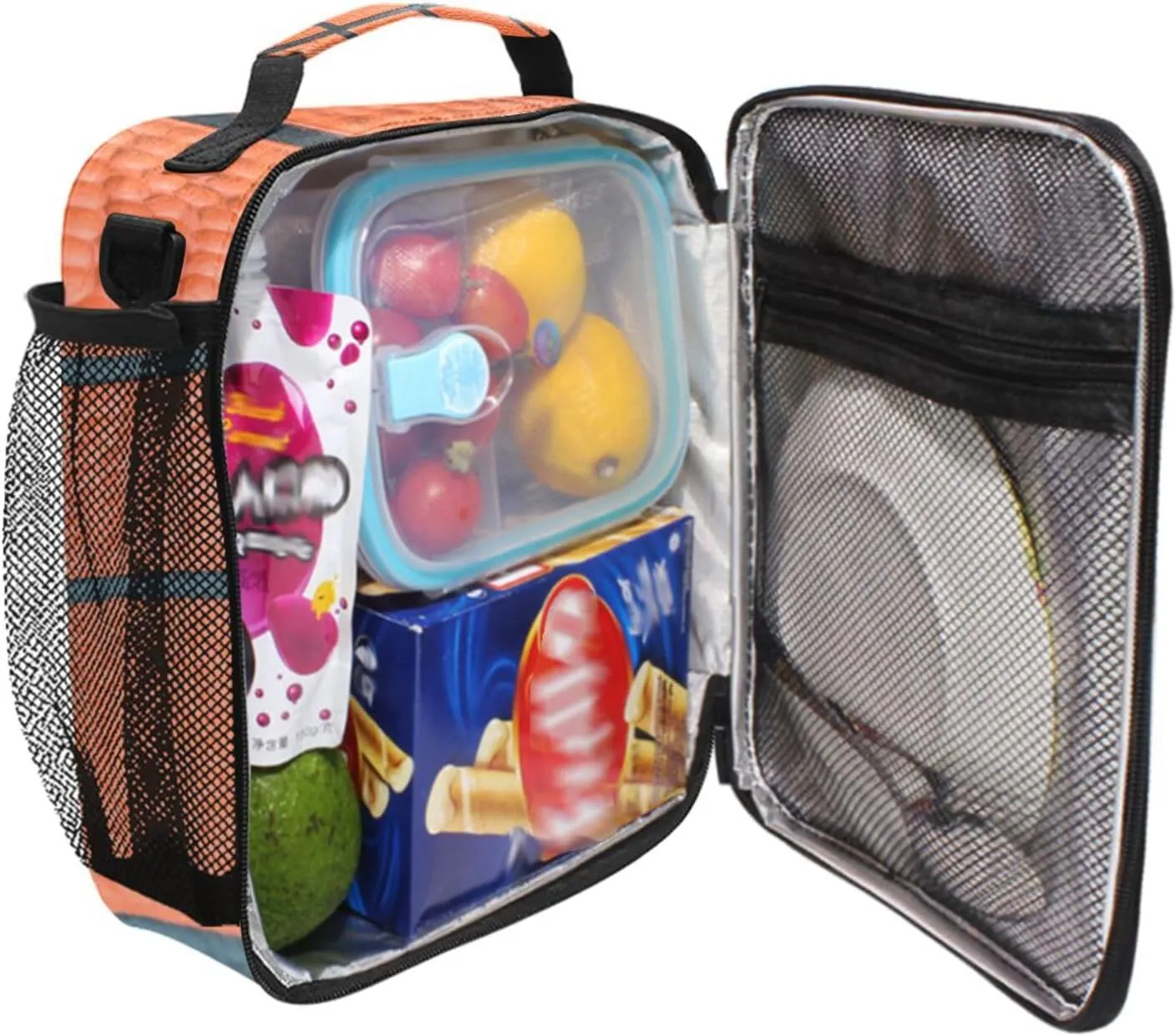 Basketball Texture Insulated Lunch Bag for Kids Boys Girls, Modern Animal Theme, Adjustable Shoulder Strap, Thermal Insulated, 10.5x3.5x9.5 Inch, 1.3 Gallon Capacity, Unisex, Basketball Color