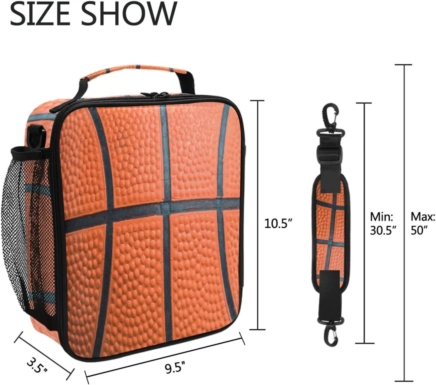 Basketball Texture Insulated Lunch Bag for Kids Boys Girls, Modern Animal Theme, Adjustable Shoulder Strap, Thermal Insulated, 10.5x3.5x9.5 Inch, 1.3 Gallon Capacity, Unisex, Basketball Color