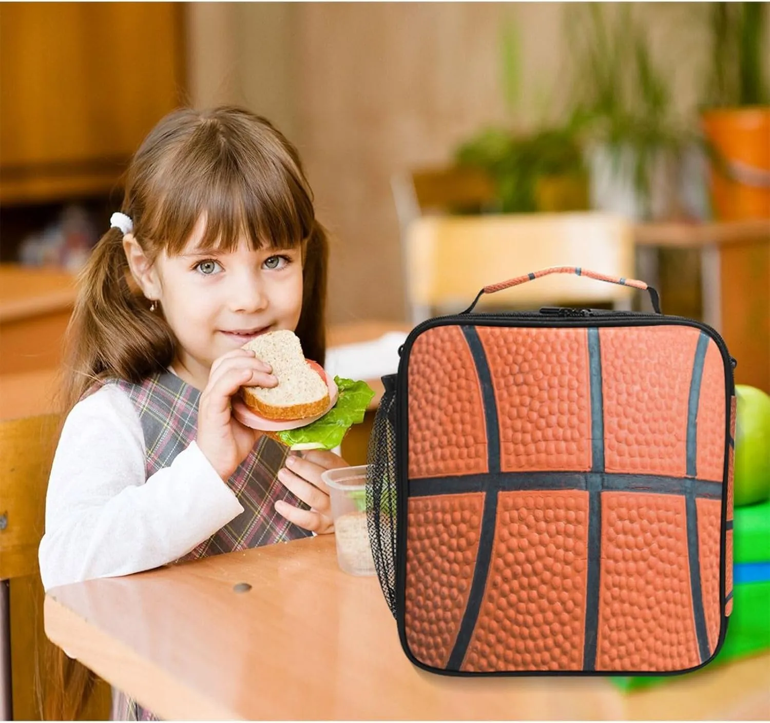 Basketball Texture Insulated Lunch Bag for Kids Boys Girls, Modern Animal Theme, Adjustable Shoulder Strap, Thermal Insulated, 10.5x3.5x9.5 Inch, 1.3 Gallon Capacity, Unisex, Basketball Color