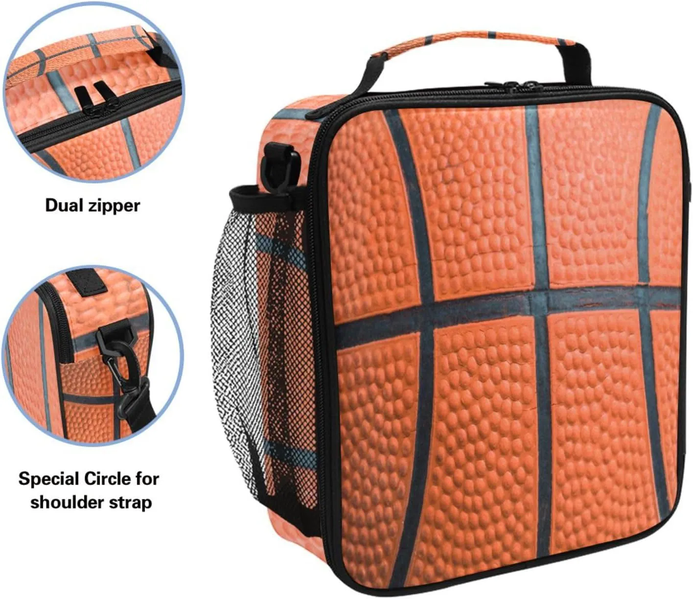 Basketball Texture Insulated Lunch Bag for Kids Boys Girls, Modern Animal Theme, Adjustable Shoulder Strap, Thermal Insulated, 10.5x3.5x9.5 Inch, 1.3 Gallon Capacity, Unisex, Basketball Color