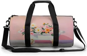 Bathtub Filled with Peonies Travel Gym Bag for Women Men Cylindrical Duffle Bag Sport Workout Bag with Shoulder Strap