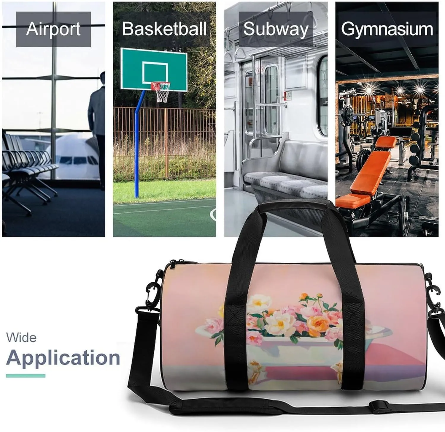 Bathtub Filled with Peonies Travel Gym Bag for Women Men Cylindrical Duffle Bag Sport Workout Bag with Shoulder Strap