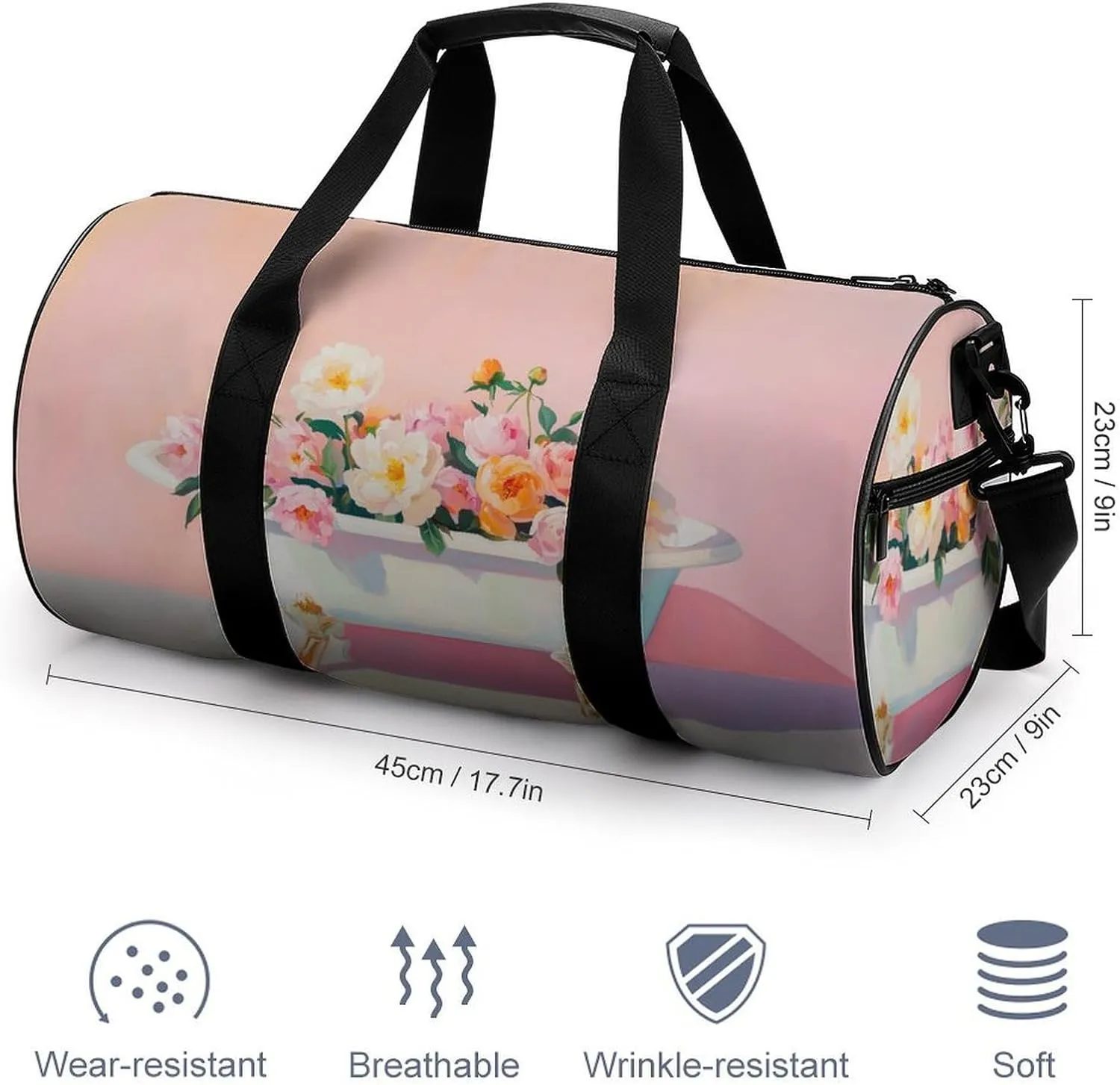 Bathtub Filled with Peonies Travel Gym Bag for Women Men Cylindrical Duffle Bag Sport Workout Bag with Shoulder Strap