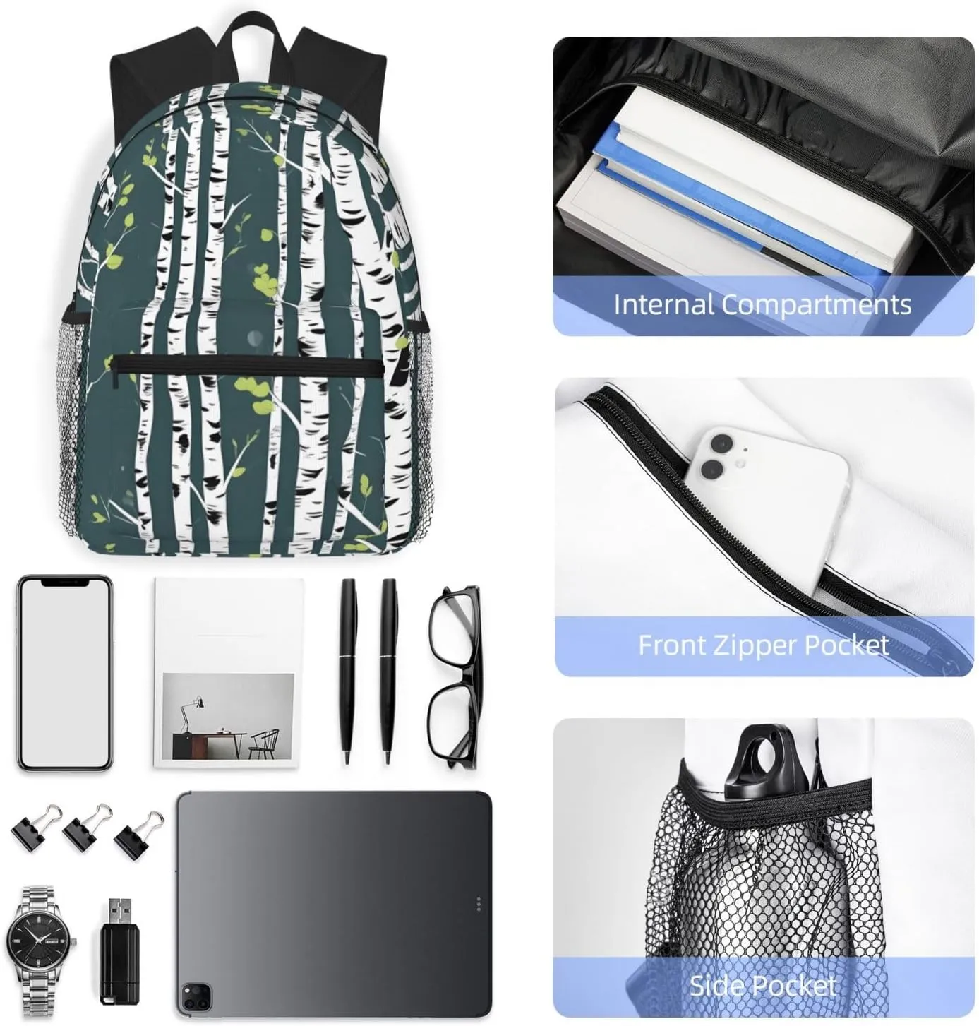 Beauty Birch Tree Print Backpack For Women Men, Laptop Bookbag,Lightweight Casual Travel Daypack