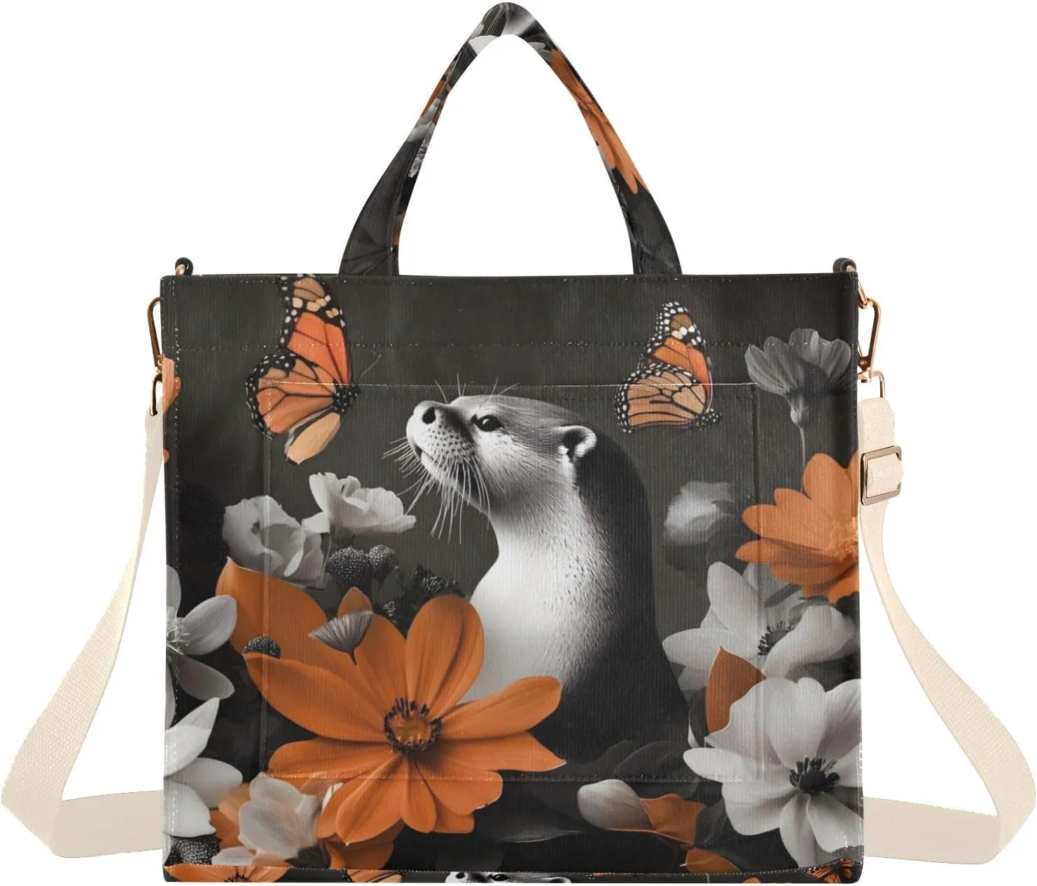 Beaver Flowers Butterfly Corduroy Tote Bag for Women Large Shoulder Bag with Pockets for Beach Work Travel Shopping S