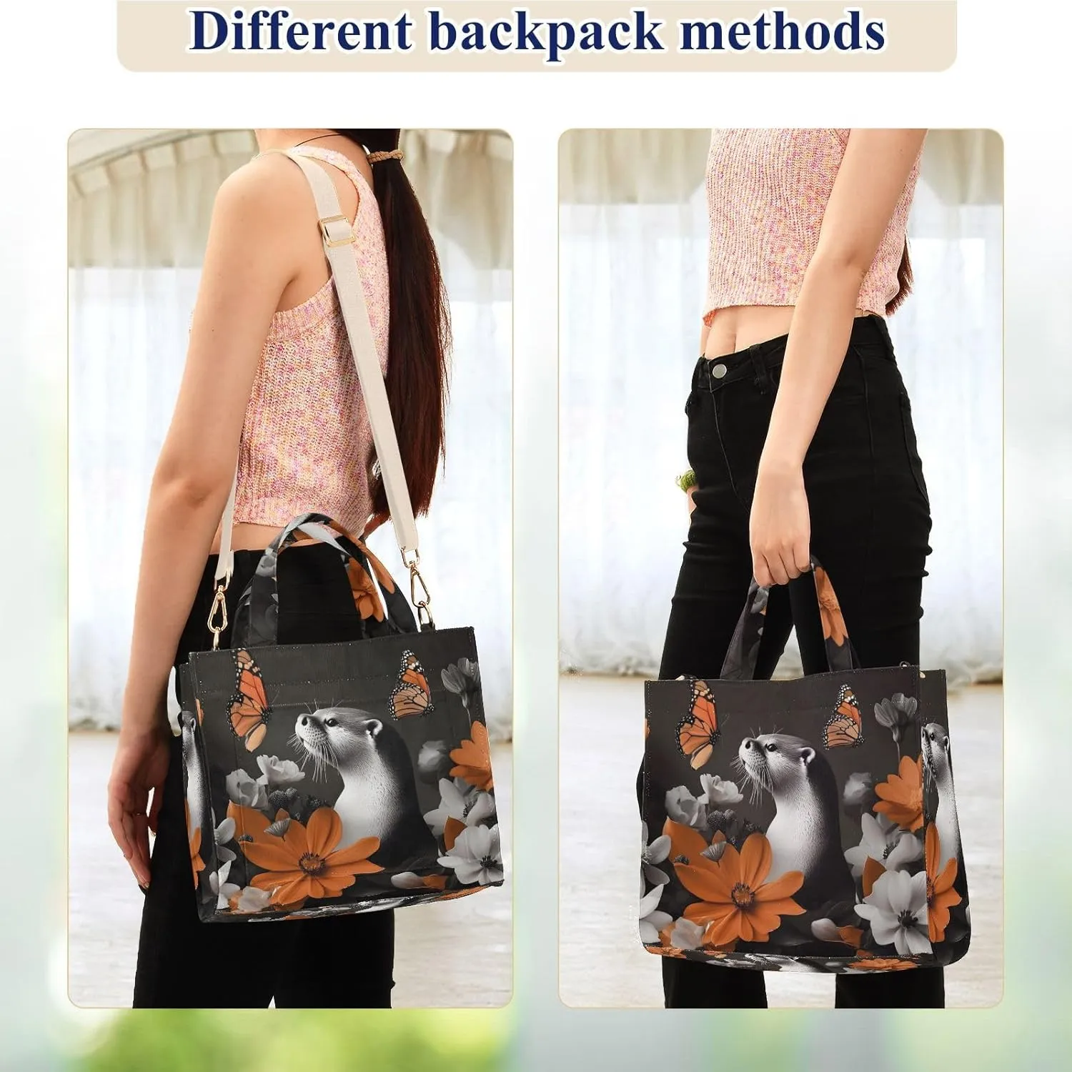 Beaver Flowers Butterfly Corduroy Tote Bag for Women Large Shoulder Bag with Pockets for Beach Work Travel Shopping S