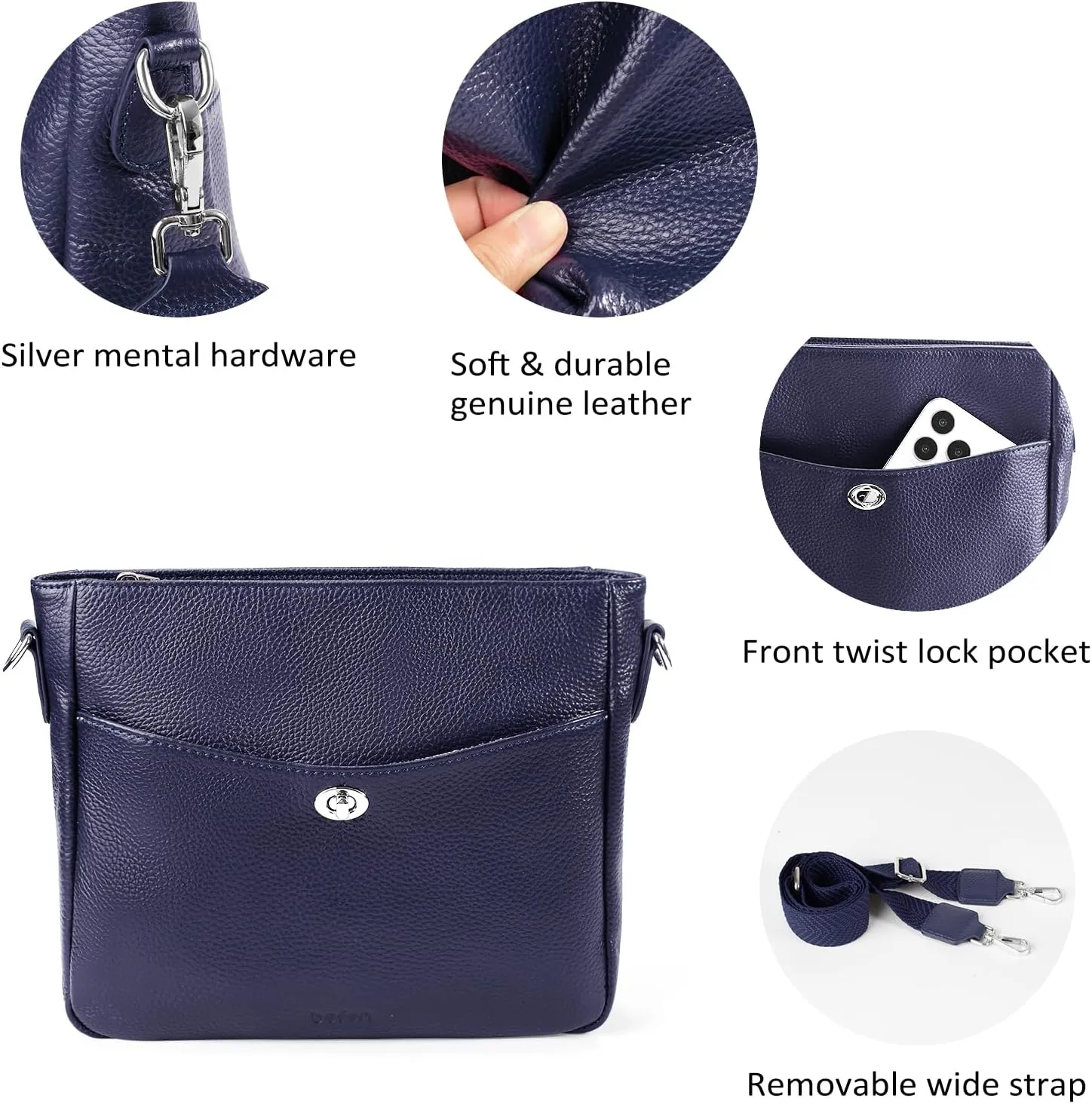 befen Genuine Leather Crossbody Bags for Women, Women's Shoulder Purse Hobo Handbags with Adjustable Wide Strap