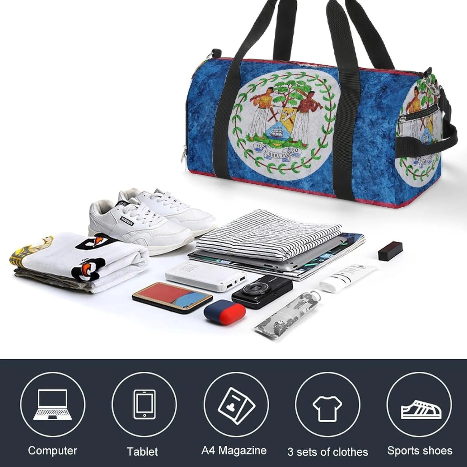 Belize Flag Textured Lightweight Duffel Bag with Shoe Compartment for Yoga Gym Travel