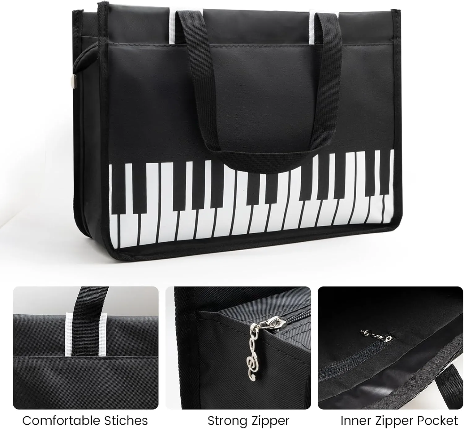BestSounds Piano Bag, Zipper Waterproof Oxford Cloth Music Piano Accessories Book Bag Tote for Students Kids, Girls, Women, Gifts for Music Lovers Musicians (Black)
