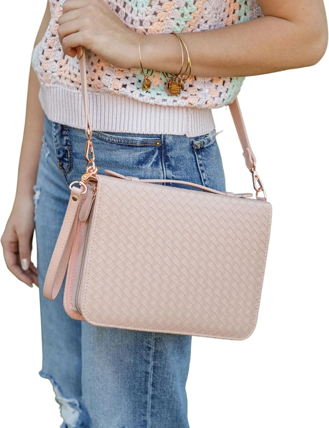 Bible Cover Case for Women, Bible Case, Weave with Crossbody Shoulder Strap, Premium Vegan Leather Bible Cases for Woman, Minimalist Design, Water Resistant Bible Cover (Blush)