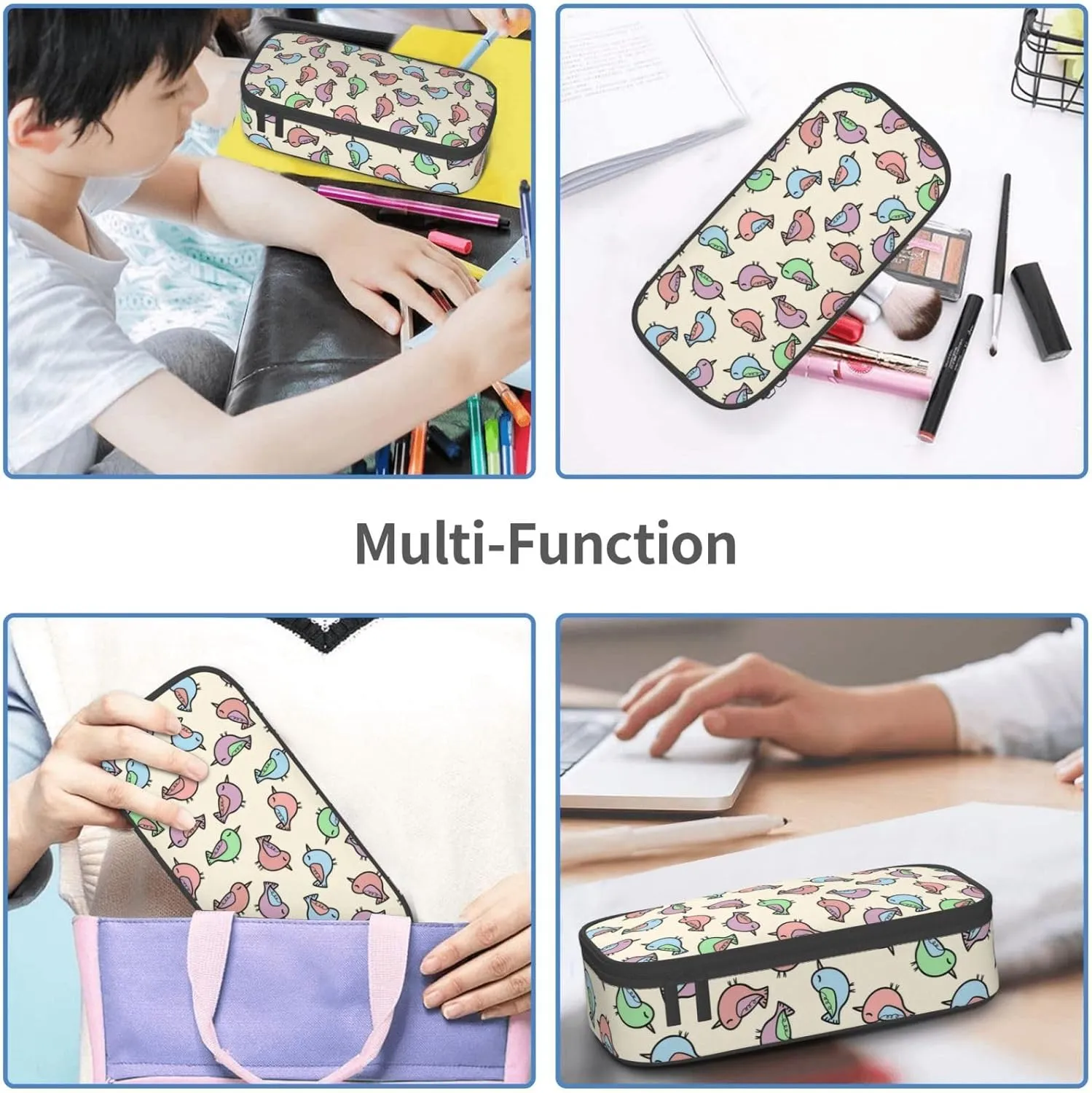 Big Capacity Soft Bag Fashion Multiple Compartment Pockets Fabric Pouch Multifunctional Storage Bag Suitble Office Desktop Daily Travel Colorful Bird