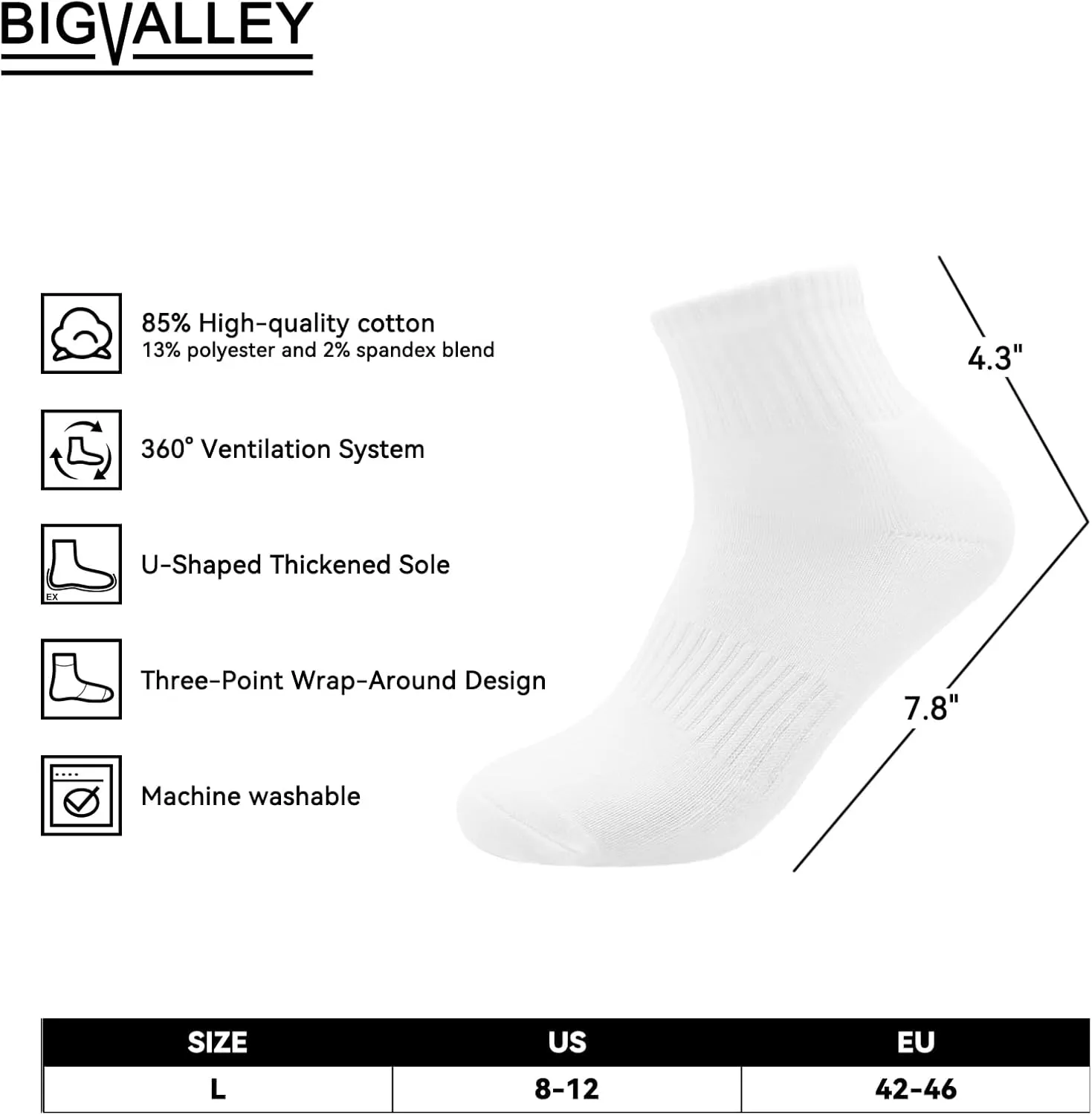 bigvalley Men's 5 Pairs Ankle Athletic Socks - Breathable, Cushioned, Running & Sports Cotton Quarter Socks with Arch Support