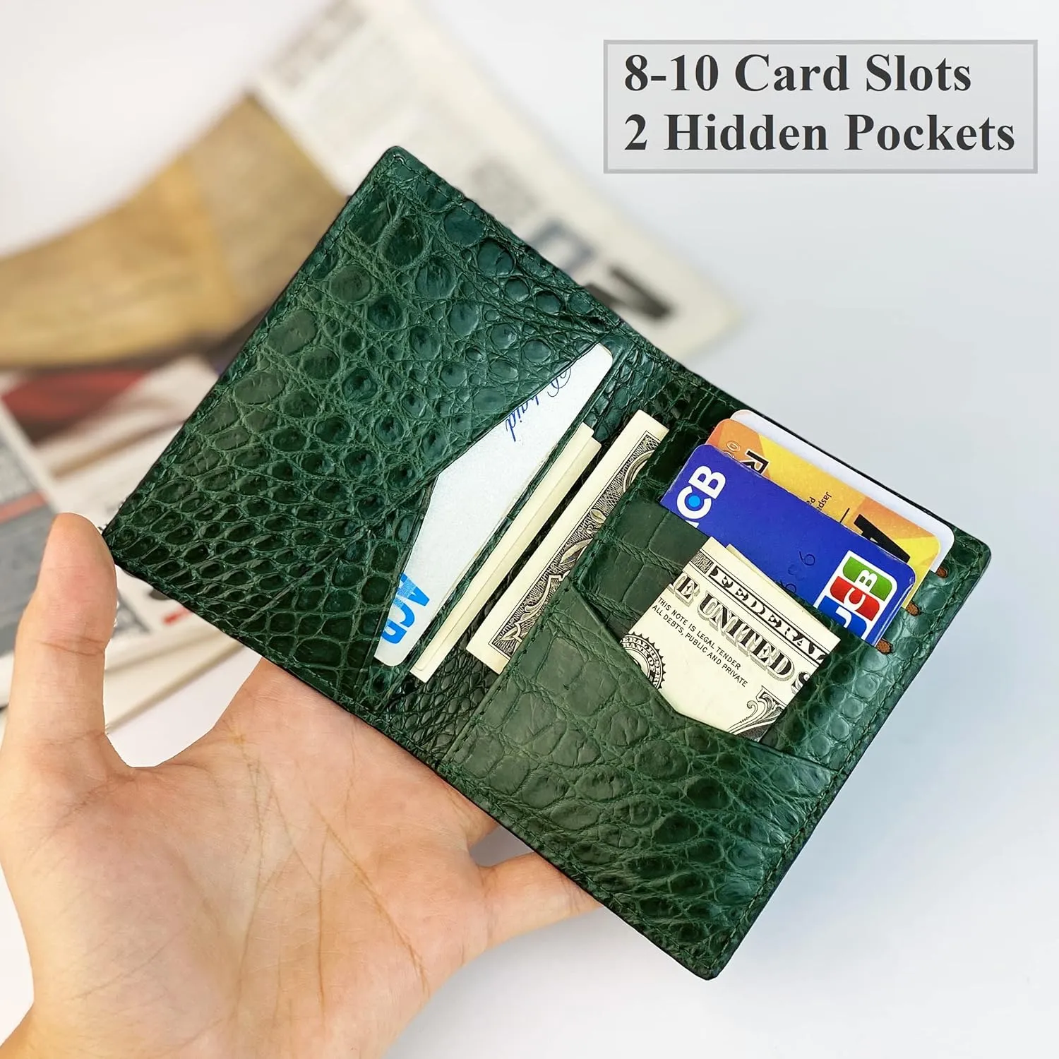 Black Green Slim Minimalist Front Pocket RFID Blocking Leather Wallets For Men - Alligator Leather Credit Card Holder Business Card Case Premium Handmade Gift For Him