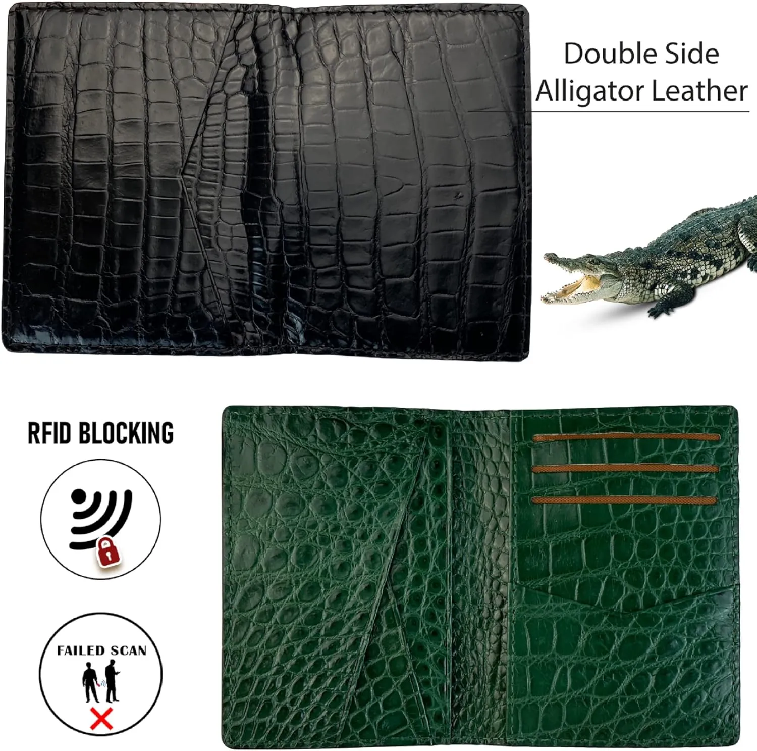 Black Green Slim Minimalist Front Pocket RFID Blocking Leather Wallets For Men - Alligator Leather Credit Card Holder Business Card Case Premium Handmade Gift For Him
