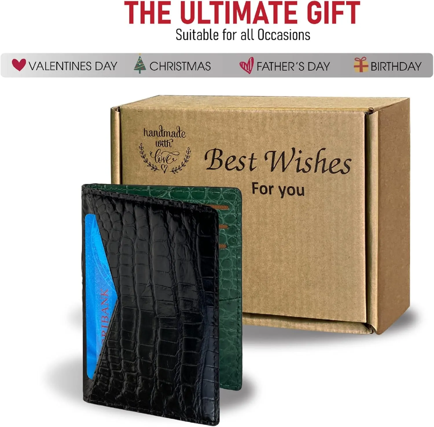 Black Green Slim Minimalist Front Pocket RFID Blocking Leather Wallets For Men - Alligator Leather Credit Card Holder Business Card Case Premium Handmade Gift For Him