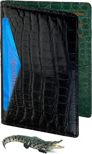 Black Green Slim Minimalist Front Pocket RFID Blocking Leather Wallets For Men - Alligator Leather Credit Card Holder Business Card Case Premium Handmade Gift For Him