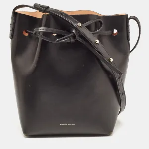 Black Leather Drawstring Bucket Bag