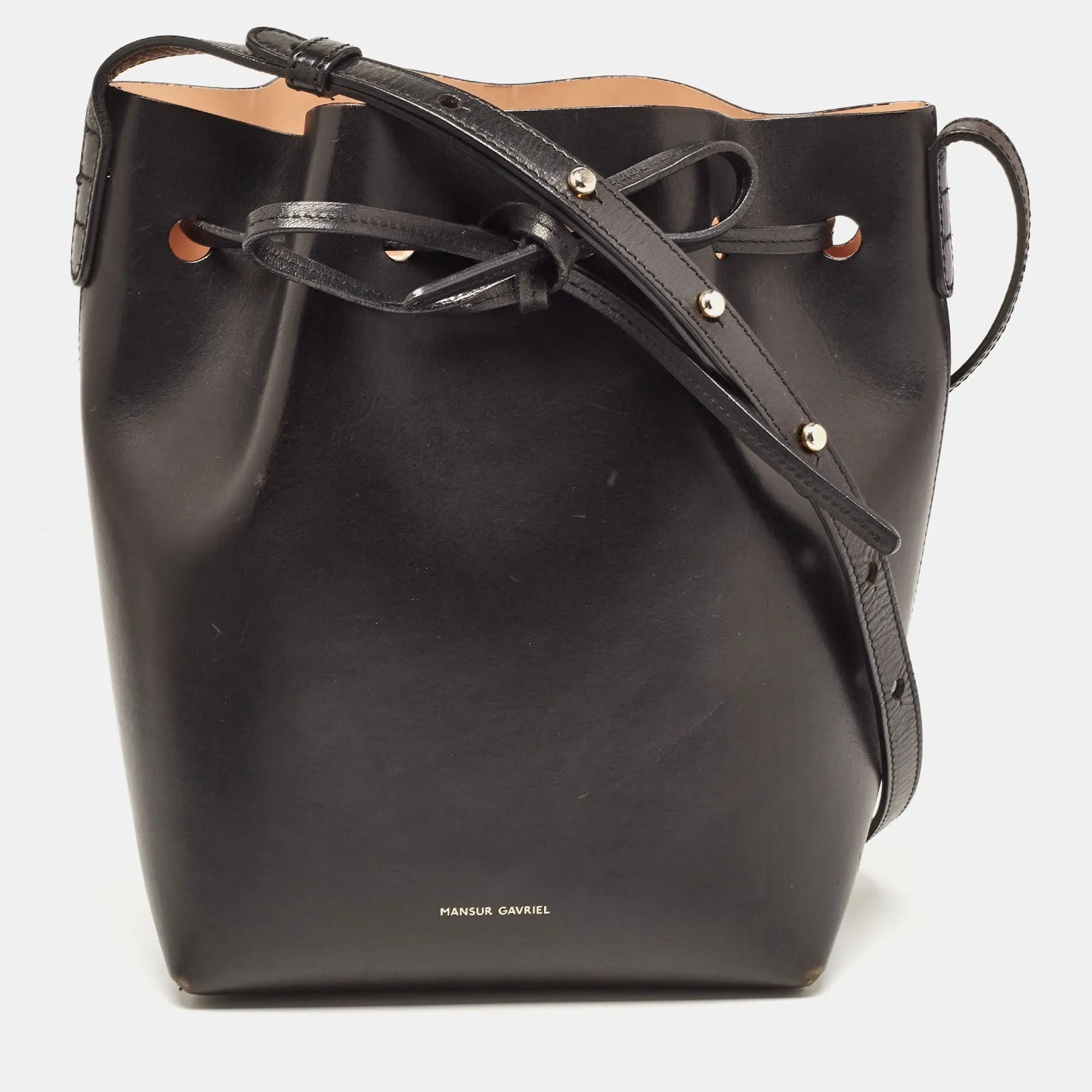 Black Leather Drawstring Bucket Bag