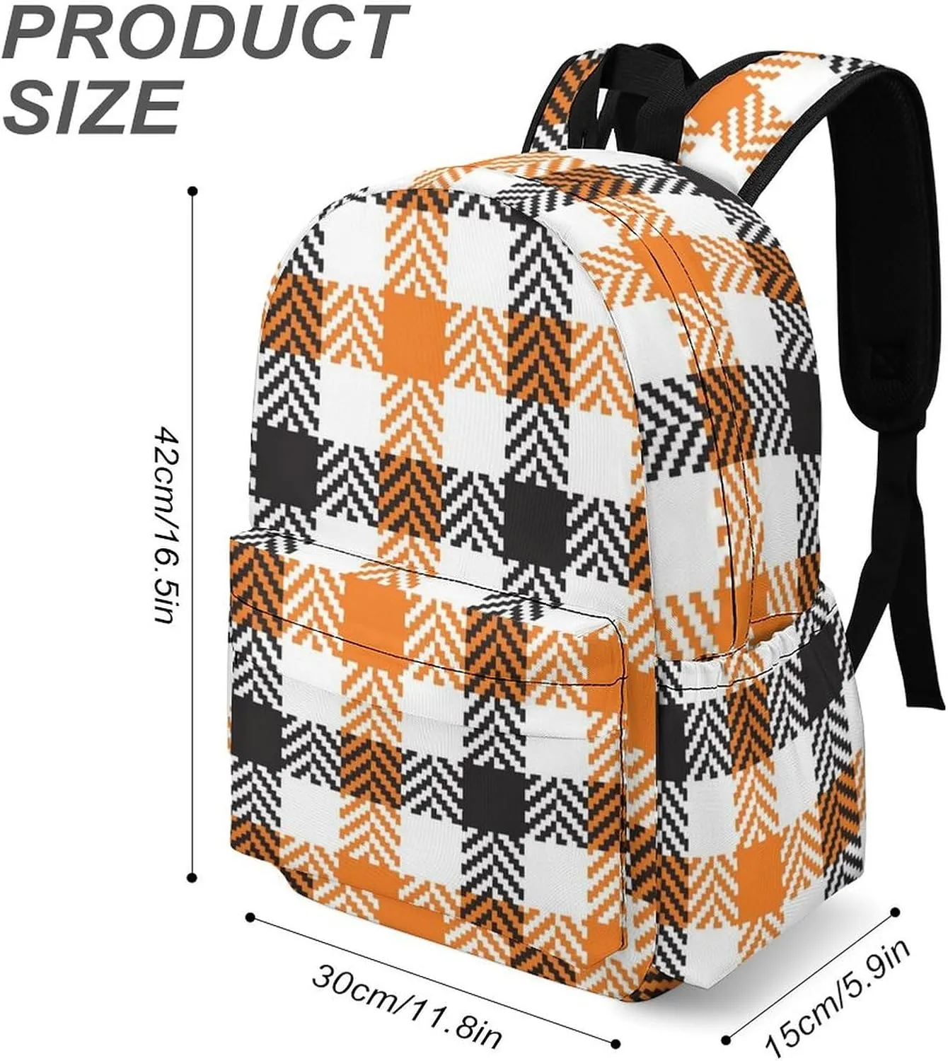 Black Orange White Gingham Casual Travel Backpack Lightweight with Multi Compartment Laptop Bagpack for Women Men Hiking Business Work