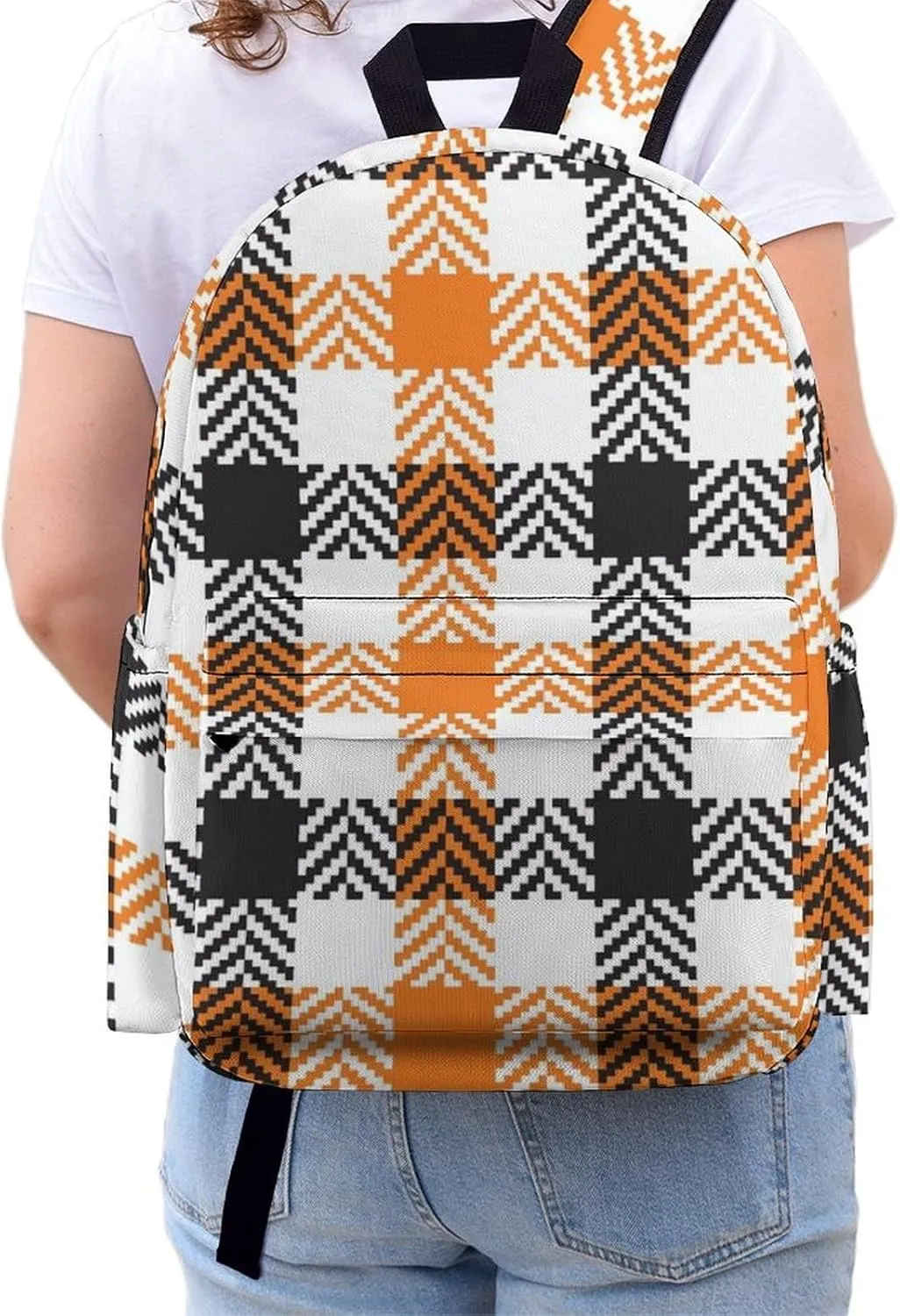 Black Orange White Gingham Casual Travel Backpack Lightweight with Multi Compartment Laptop Bagpack for Women Men Hiking Business Work