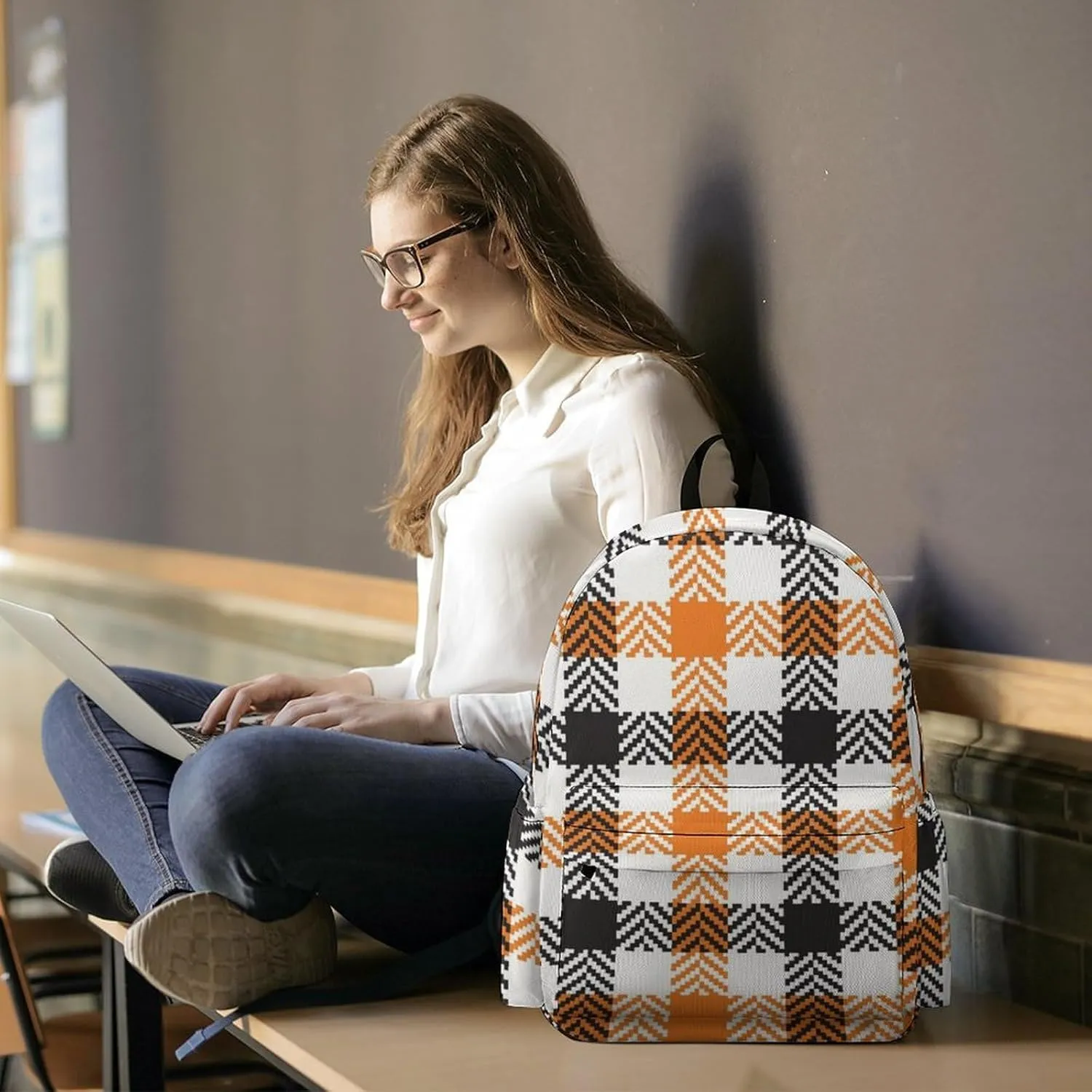 Black Orange White Gingham Casual Travel Backpack Lightweight with Multi Compartment Laptop Bagpack for Women Men Hiking Business Work
