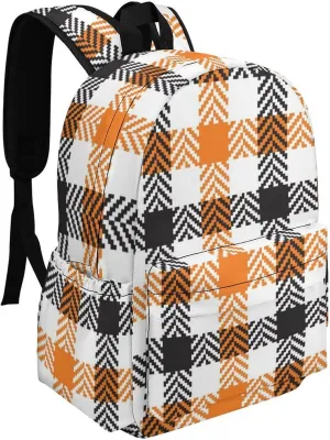 Black Orange White Gingham Casual Travel Backpack Lightweight with Multi Compartment Laptop Bagpack for Women Men Hiking Business Work