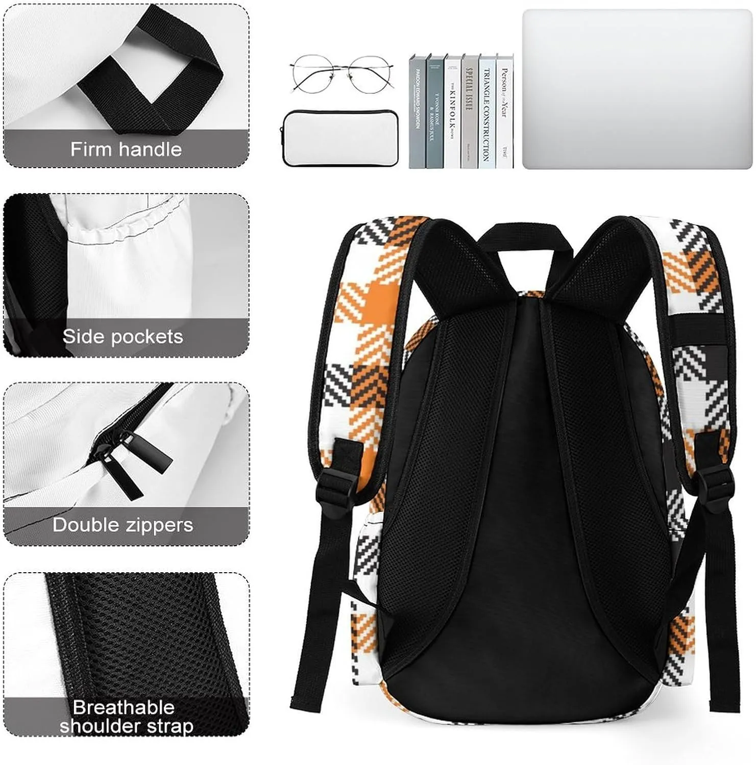 Black Orange White Gingham Casual Travel Backpack Lightweight with Multi Compartment Laptop Bagpack for Women Men Hiking Business Work
